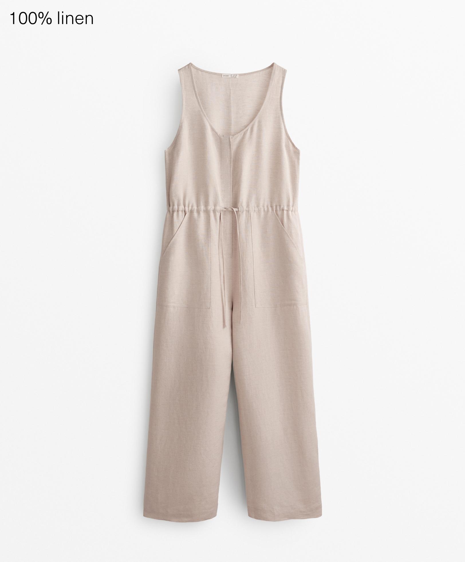 100% linen long jumpsuit with waist detail