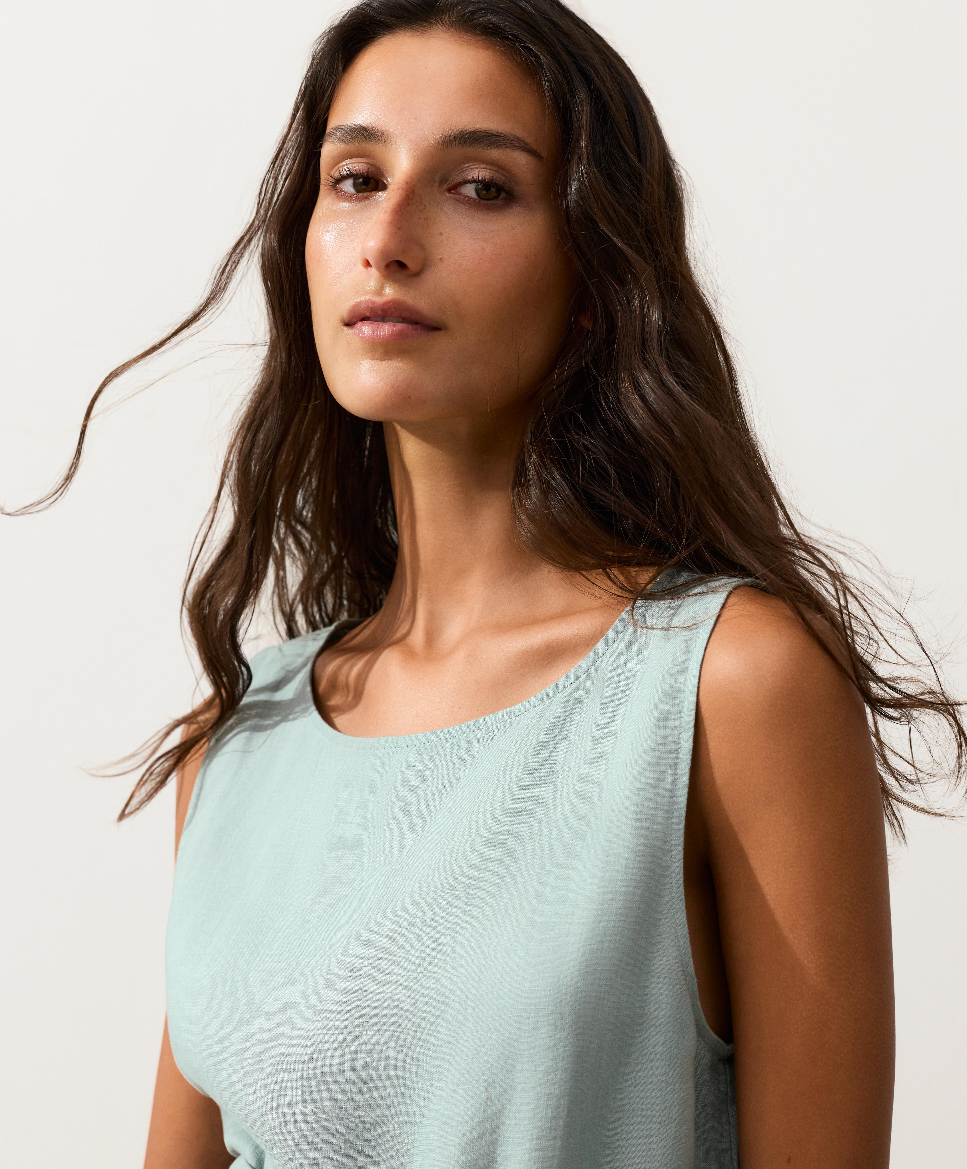 Sleeveless top with 100% linen scarf — AQUAMARINE