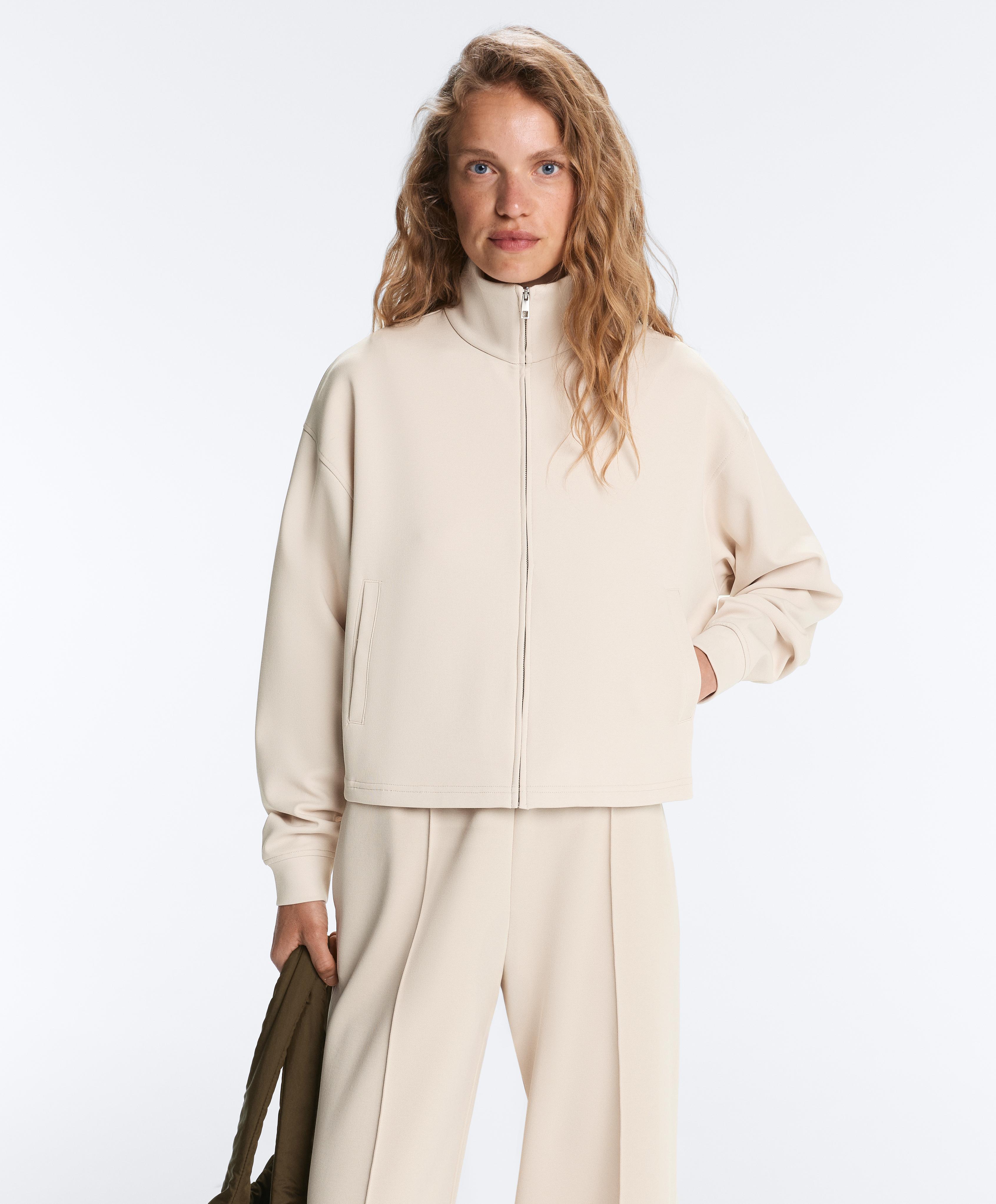 High collar pique jacket with cotton — PALE BEIGE