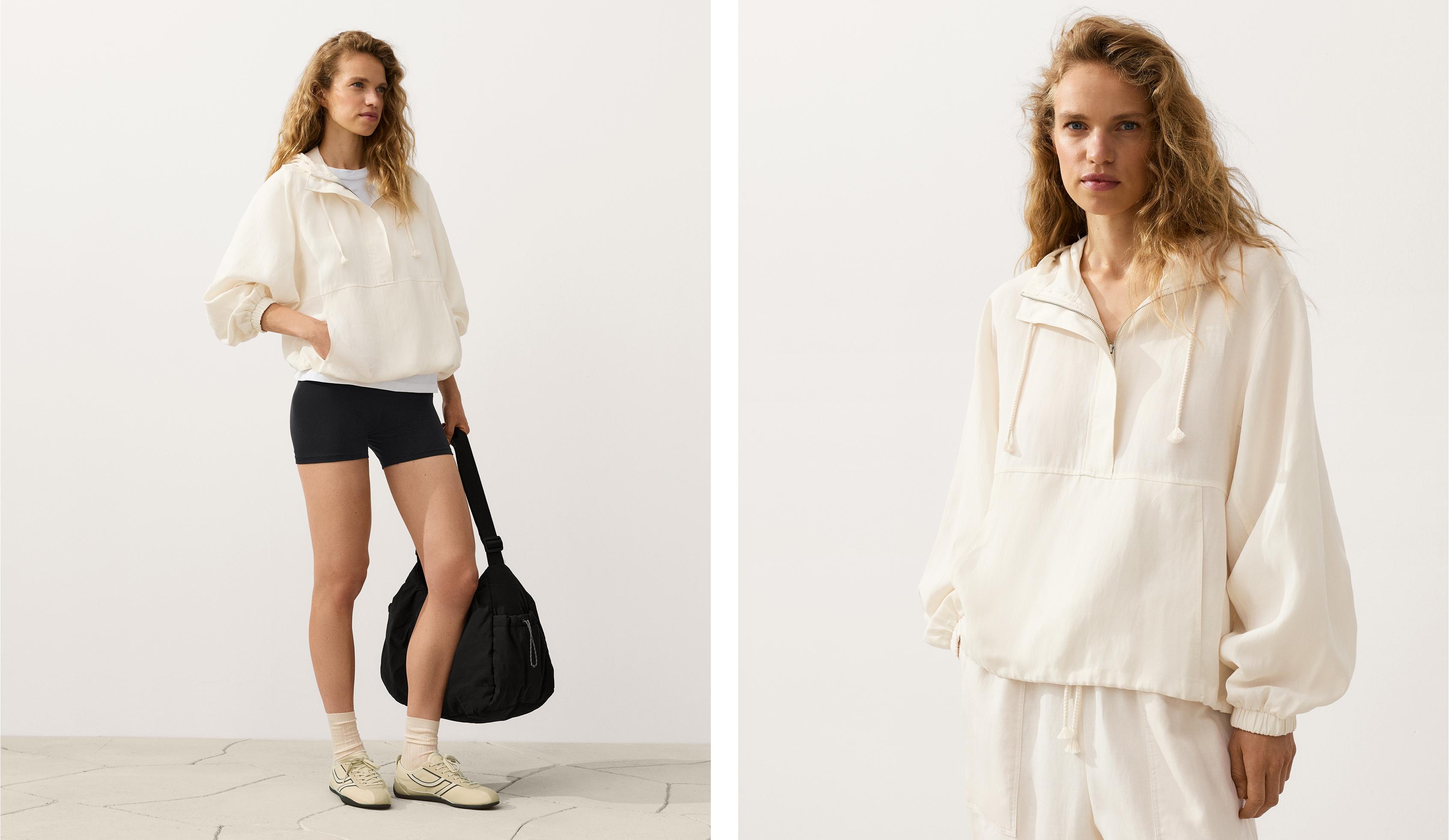 Half-zip sweatshirt with front pocket, lyocell and 24% linen blend — PALE ECRU
