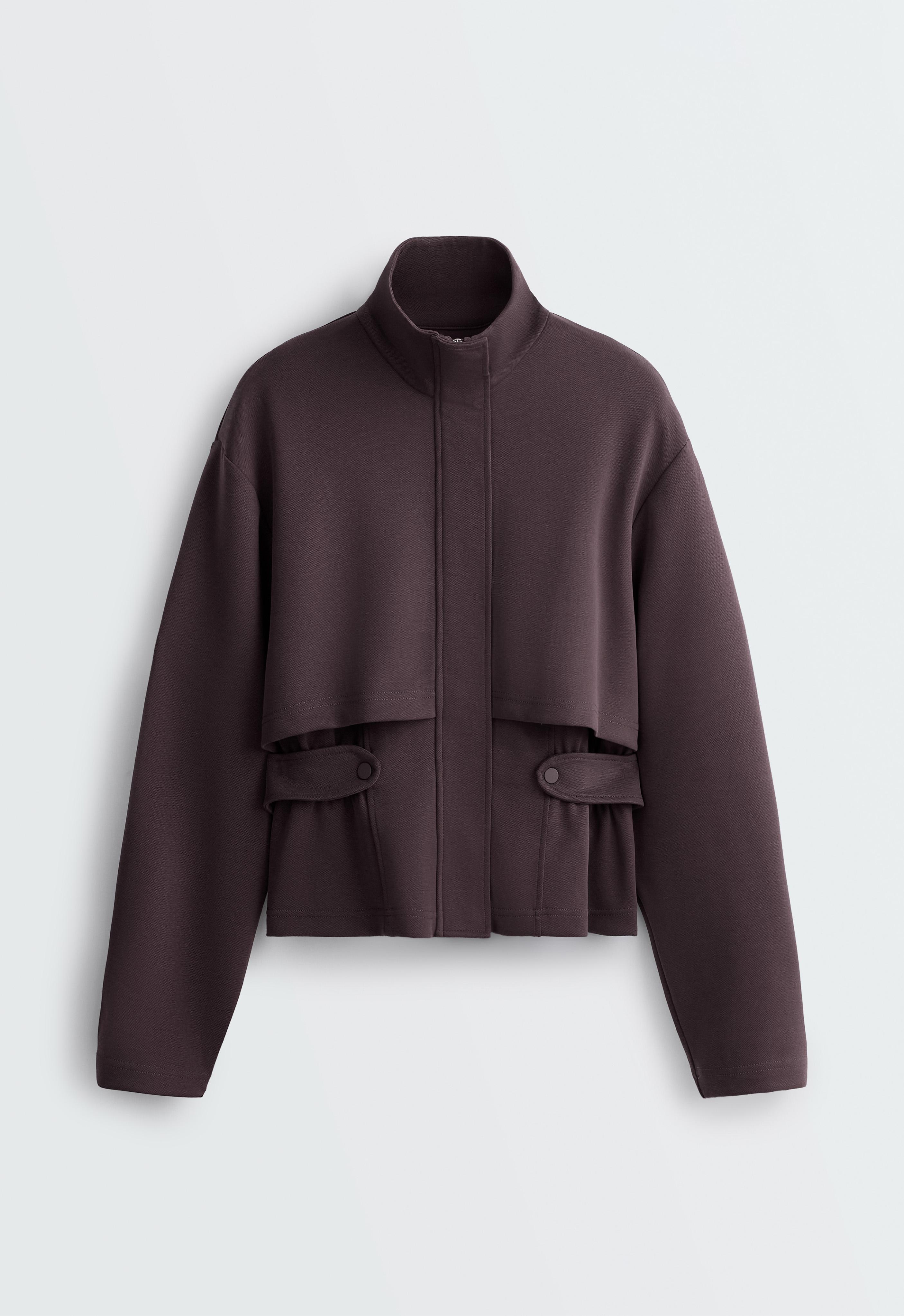 Short piqué jacket with belt — Purplish brown