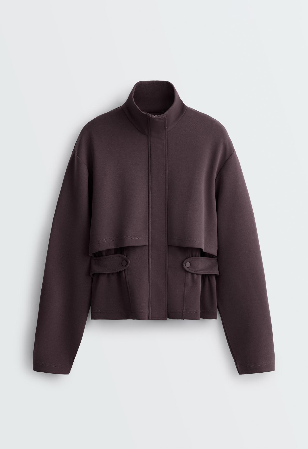 Short piqué jacket with belt and modal — Purplish brown