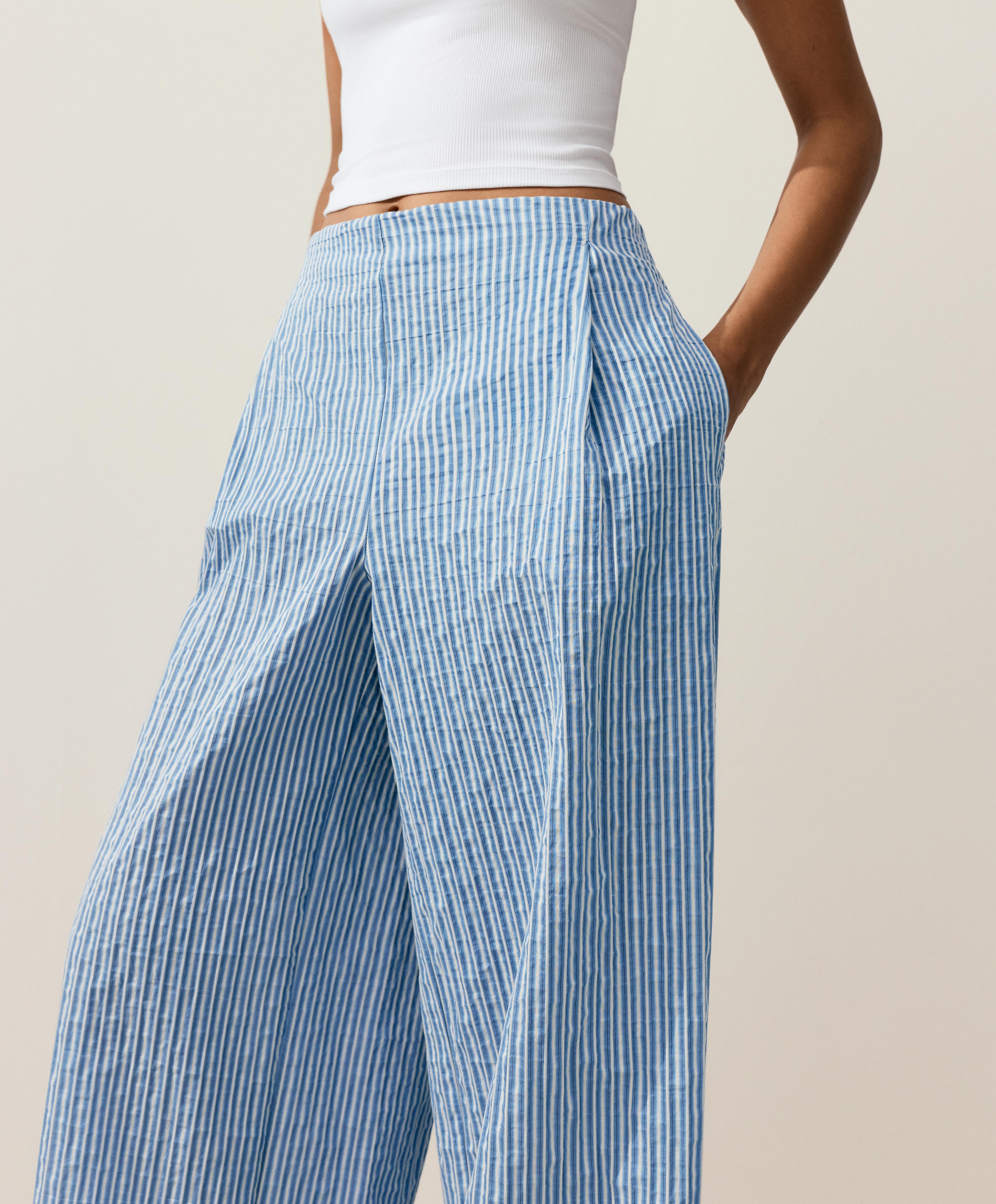 Cotton blend striped straight-leg trousers — MID-BLUE