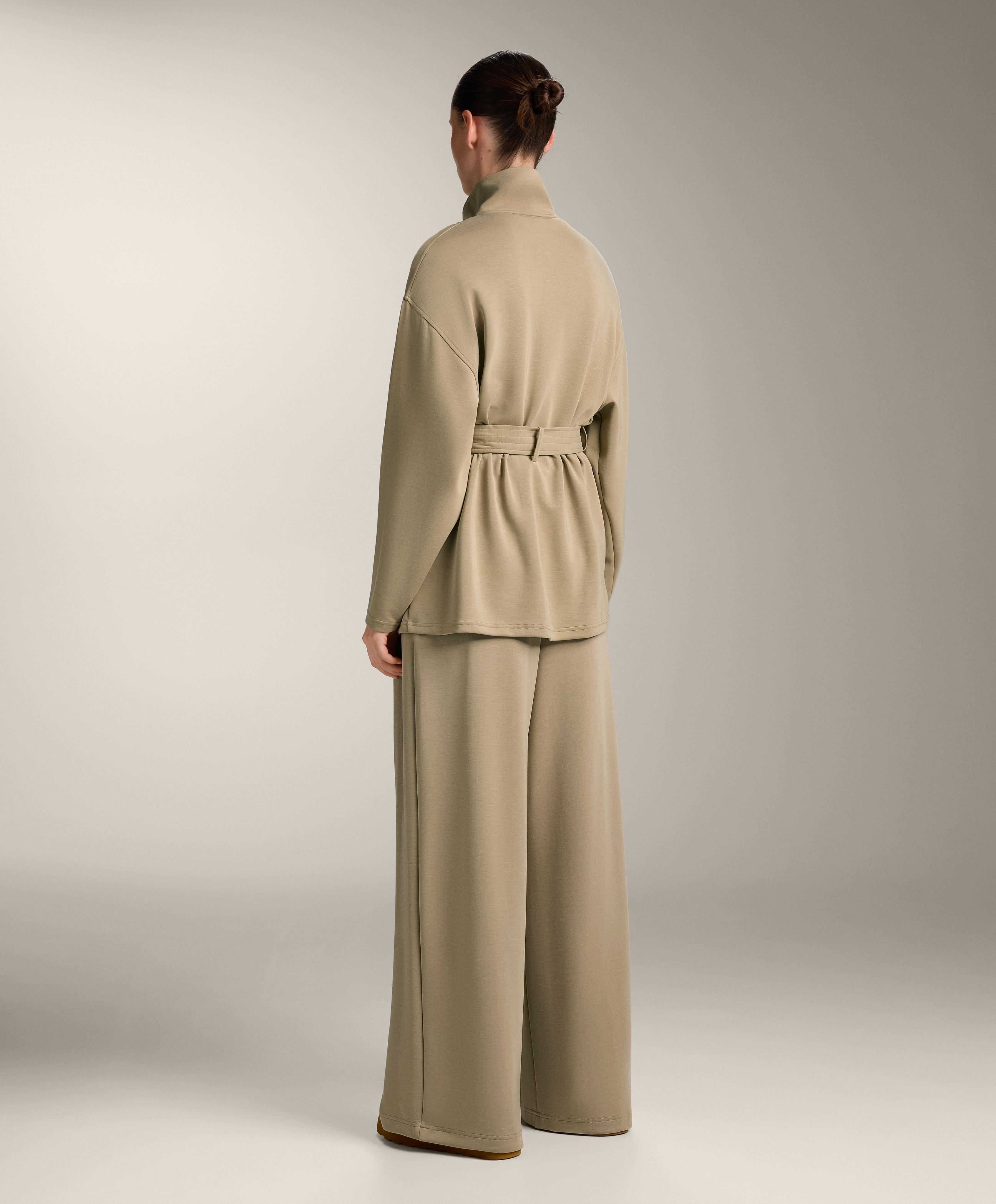 Long soft-touch jacket with modal and belt — GREEN BEIGE