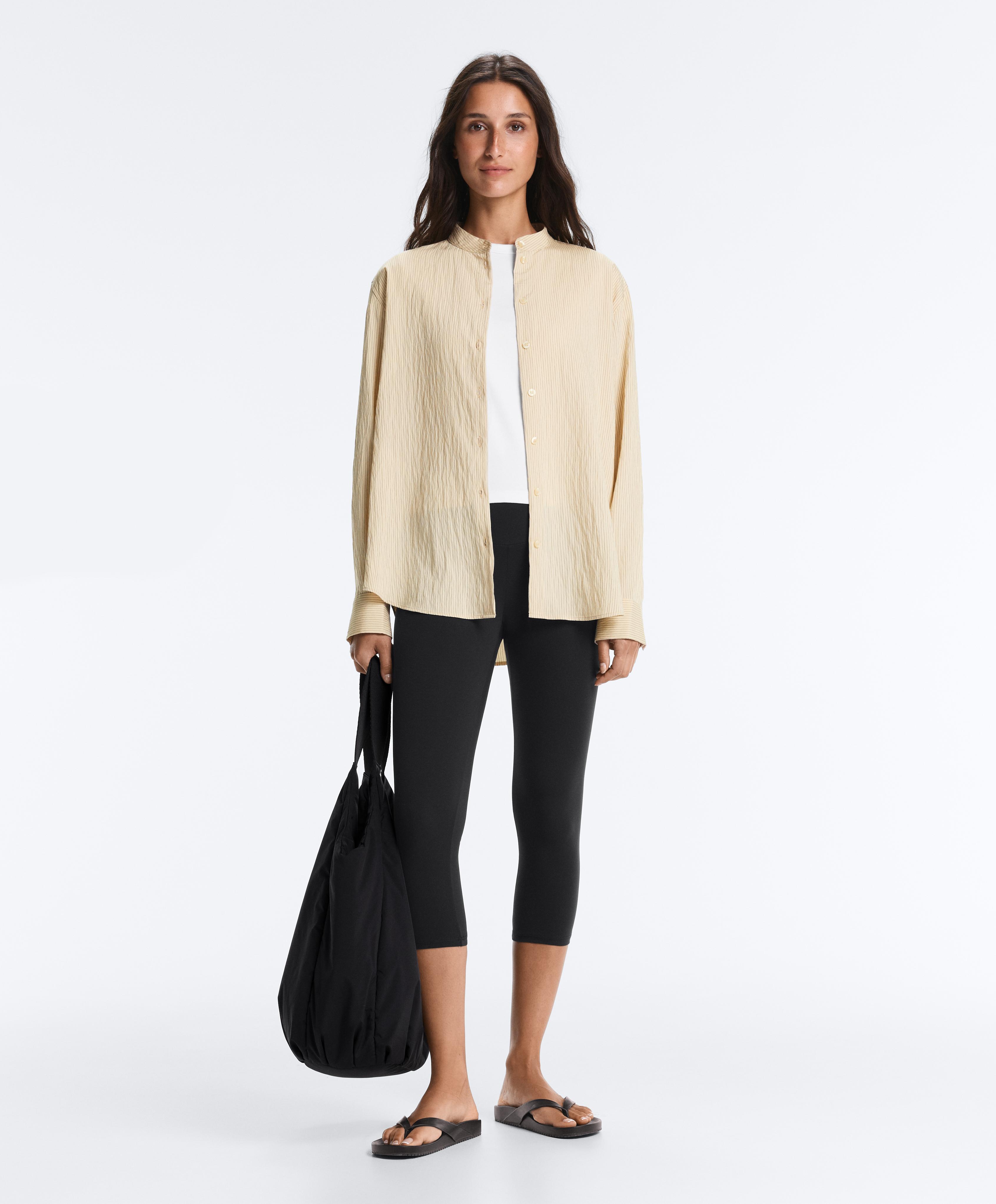 Striped modal blend stand-up collar shirt — PALE ECRU