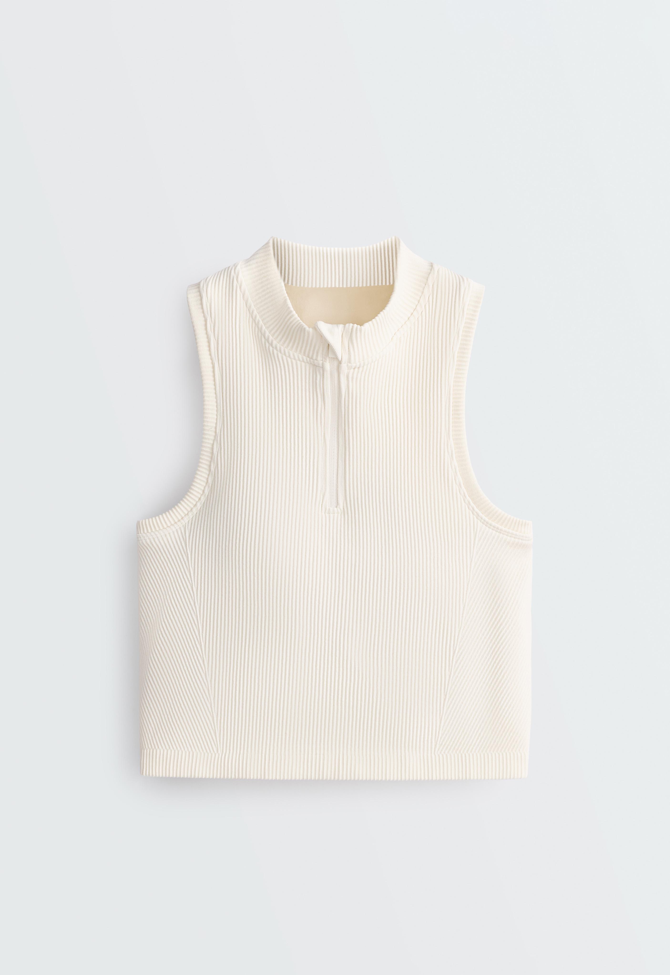 Sleeveless seamless rib tank top with half-zip — PALE ECRU