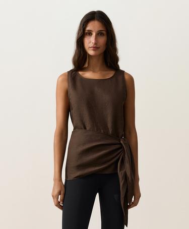 Sleeveless top with 100% linen scarf — DARK BROWN 1