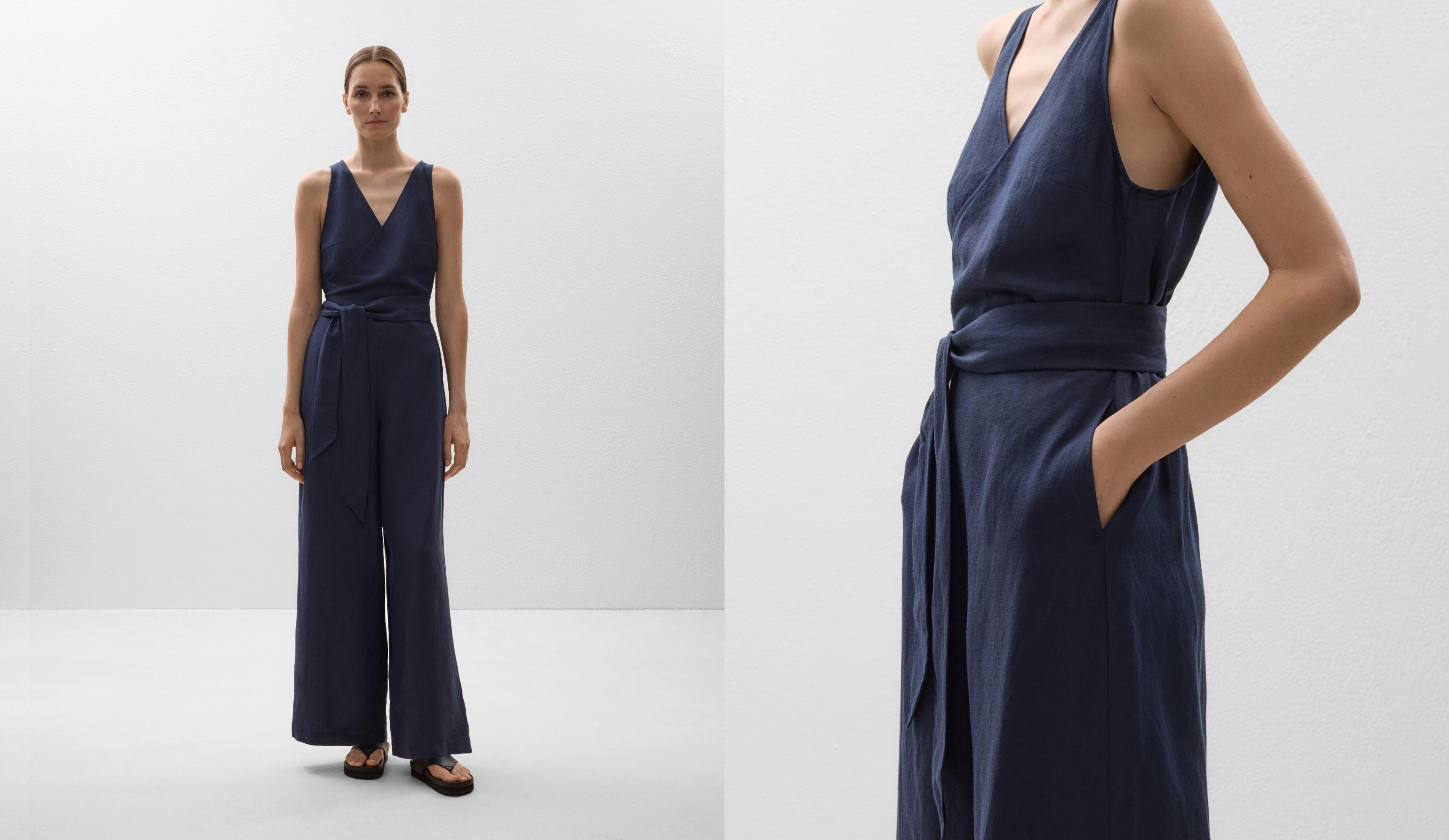 Linen blend wrap tie long jumpsuit