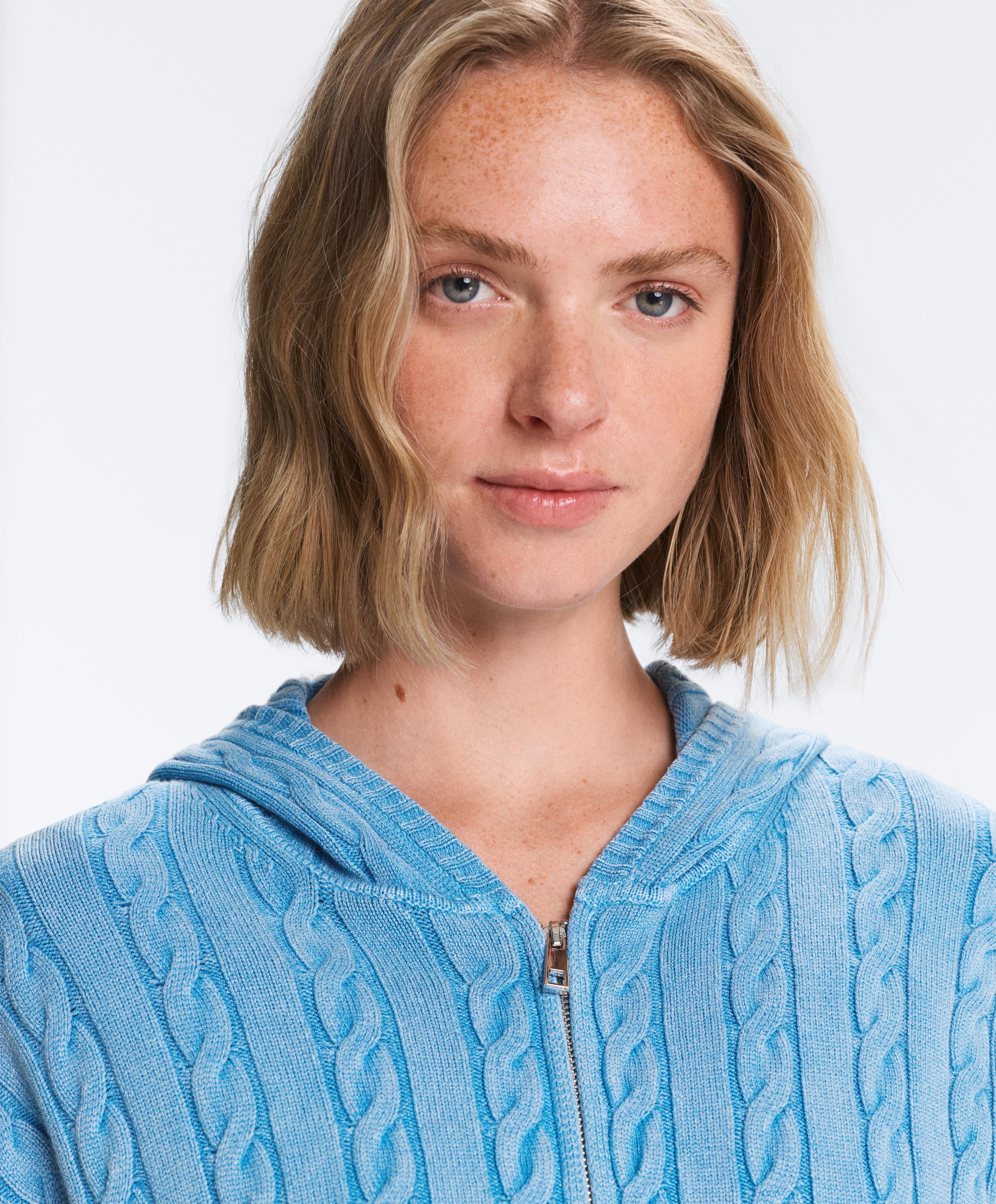 Washed cable knit hooded jacket — WASHED SKY BLUE