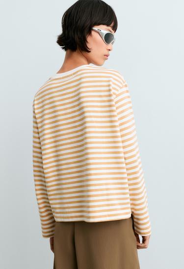 Striped 100% cotton boxy long-sleeved T-shirt — PALE YELLOW 4