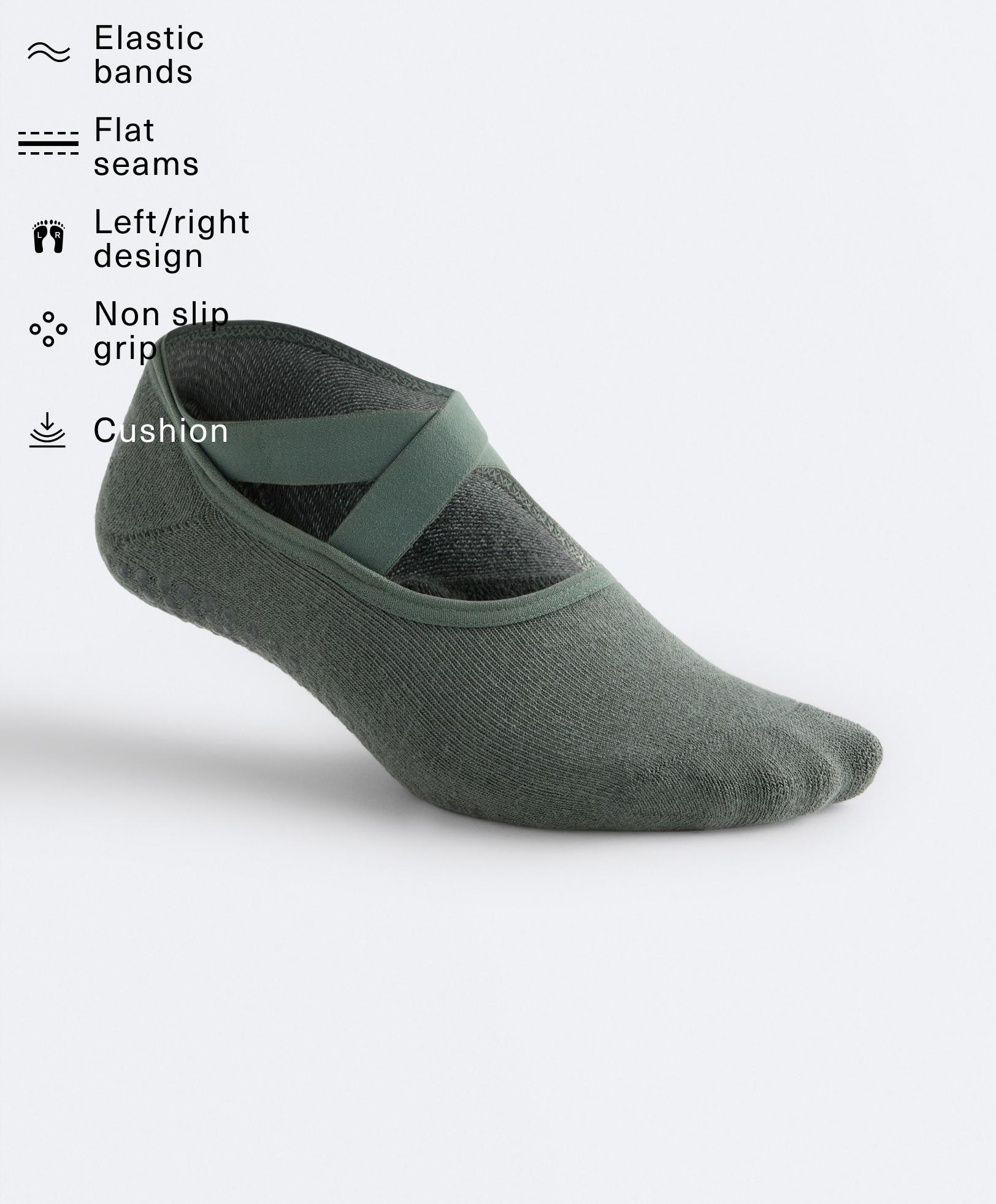 2 pairs of padded cotton blend yoga and Pilates socks with crossover straps — DARK GREEN