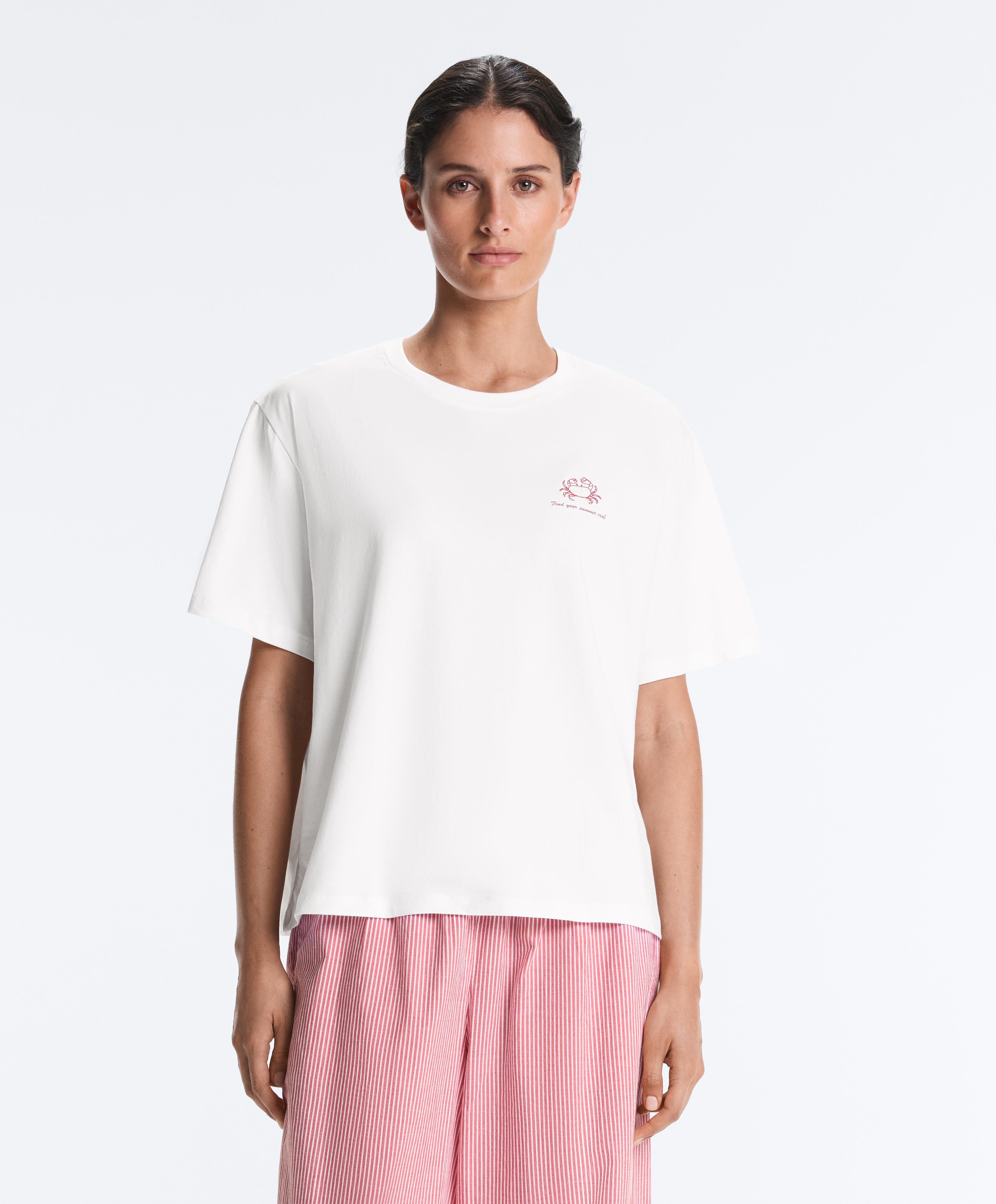 Boxy short-sleeved cotton blend T-shirt with slogan — WHITE