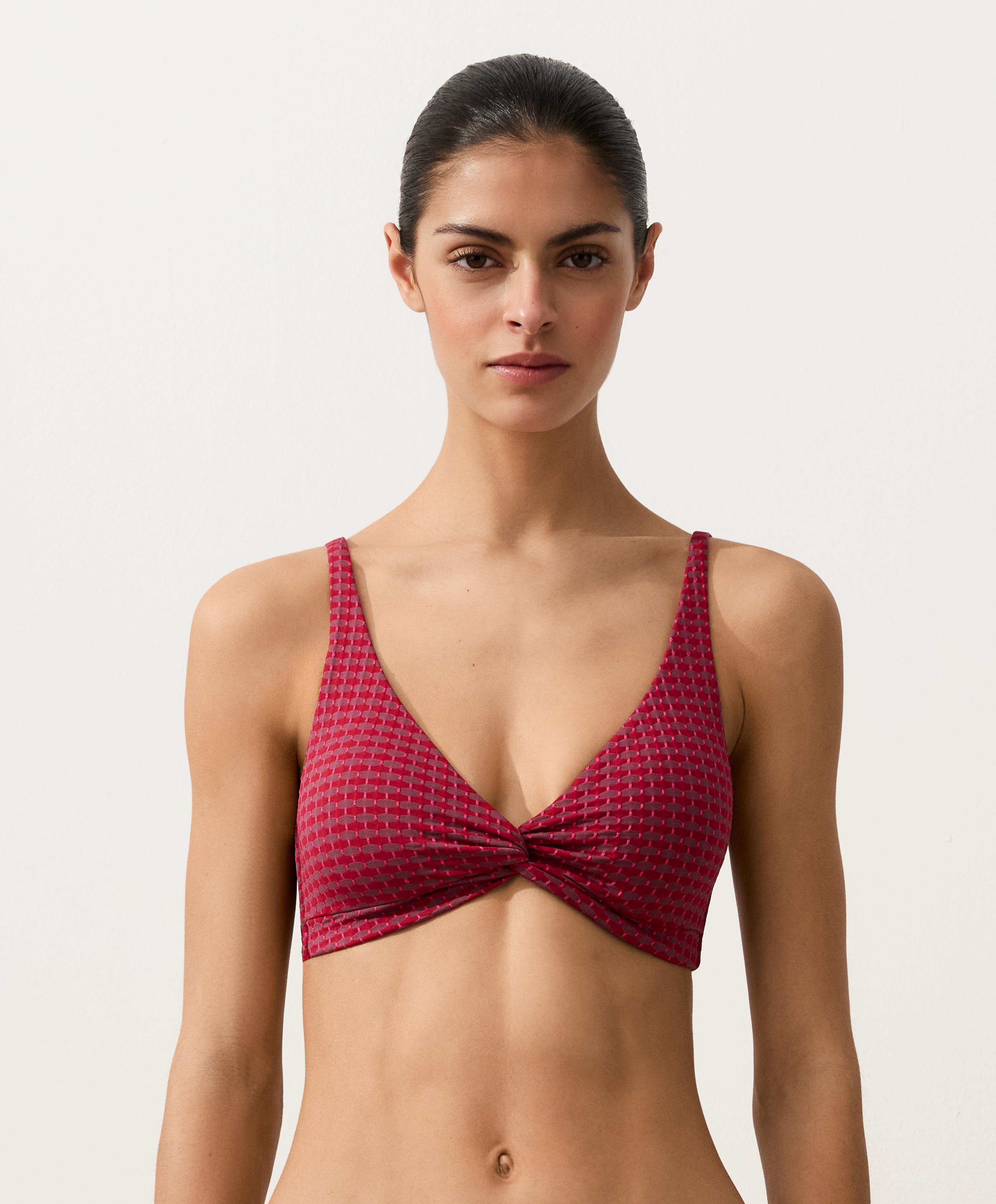 Geometric jacquard halter bikini top — FUCHSIA