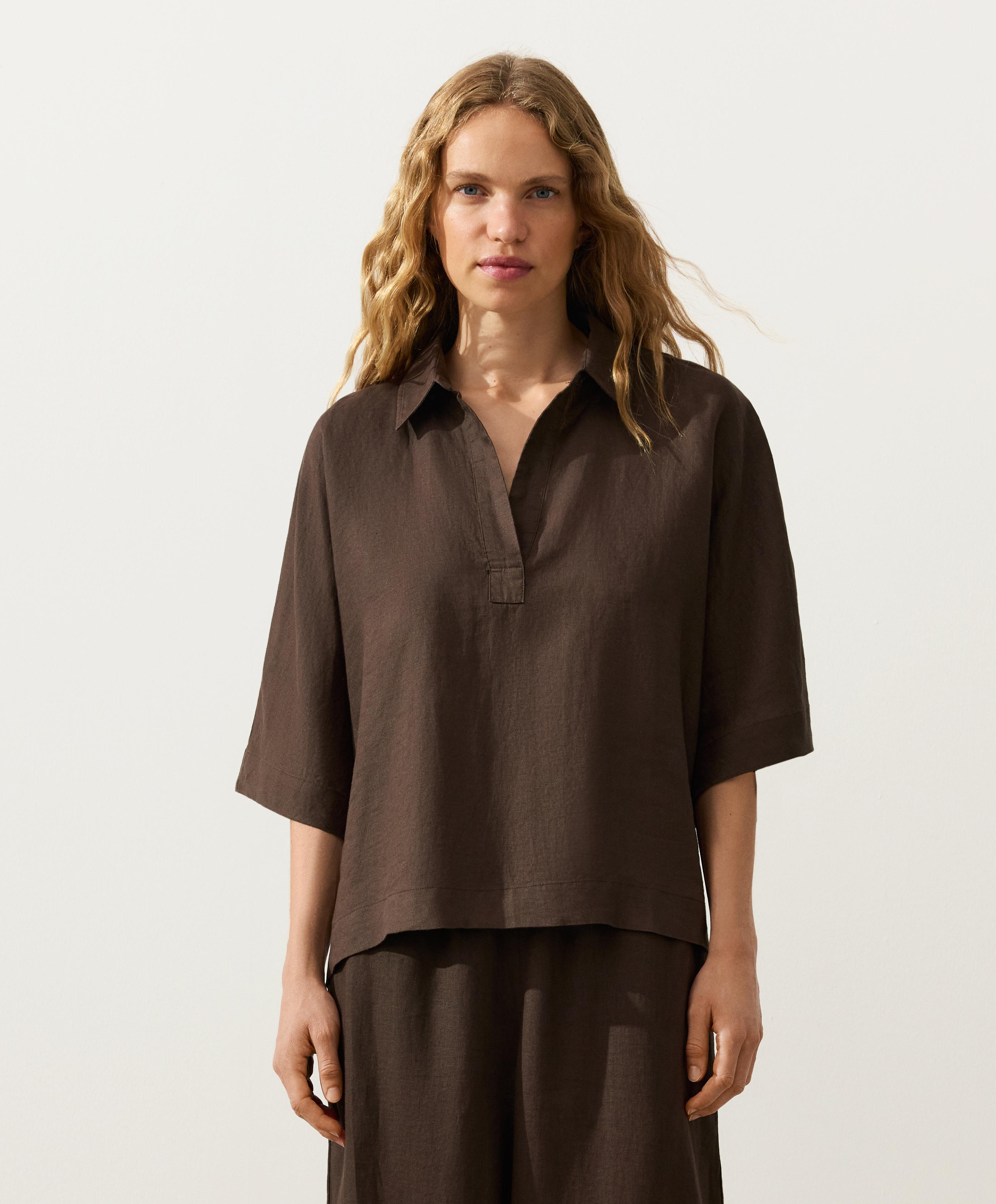 Oversize short-sleeve 100% linen polo shirt — DARK BROWN