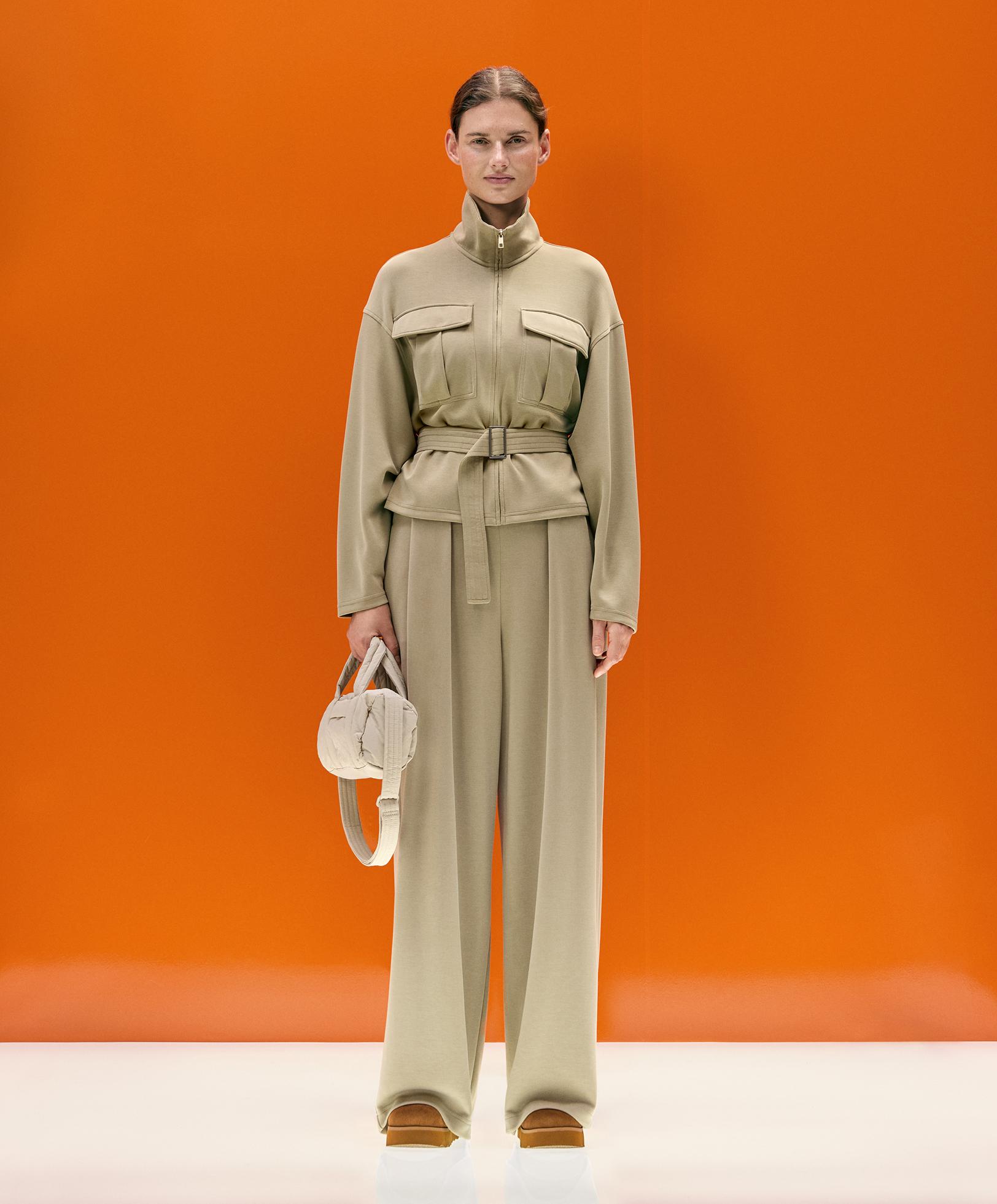 Soft-touch modal wide-leg trousers with pleat waist detail — GREEN BEIGE