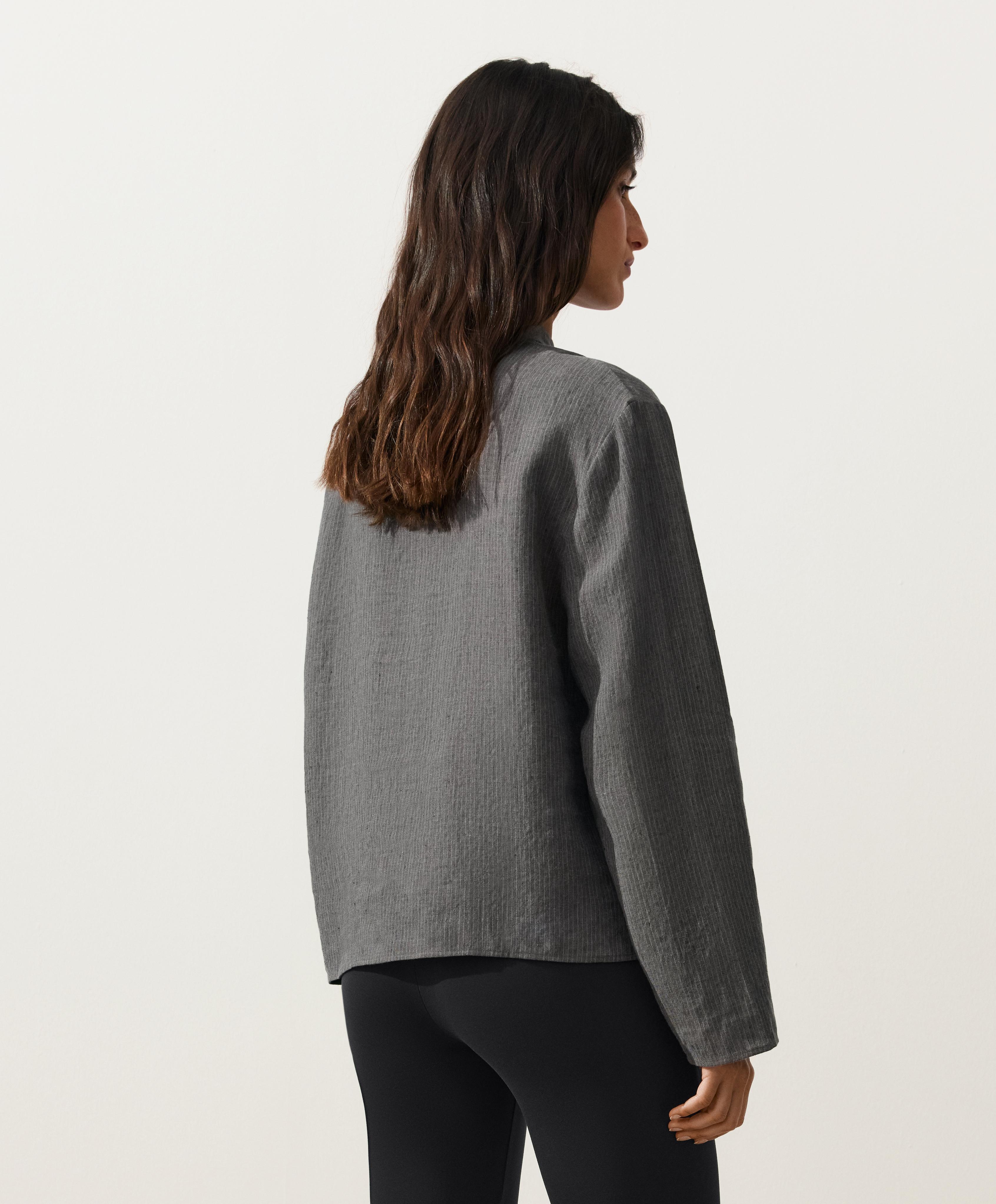 Striped 100% linen stand-up collar shirt — DARK ANTHRACITE