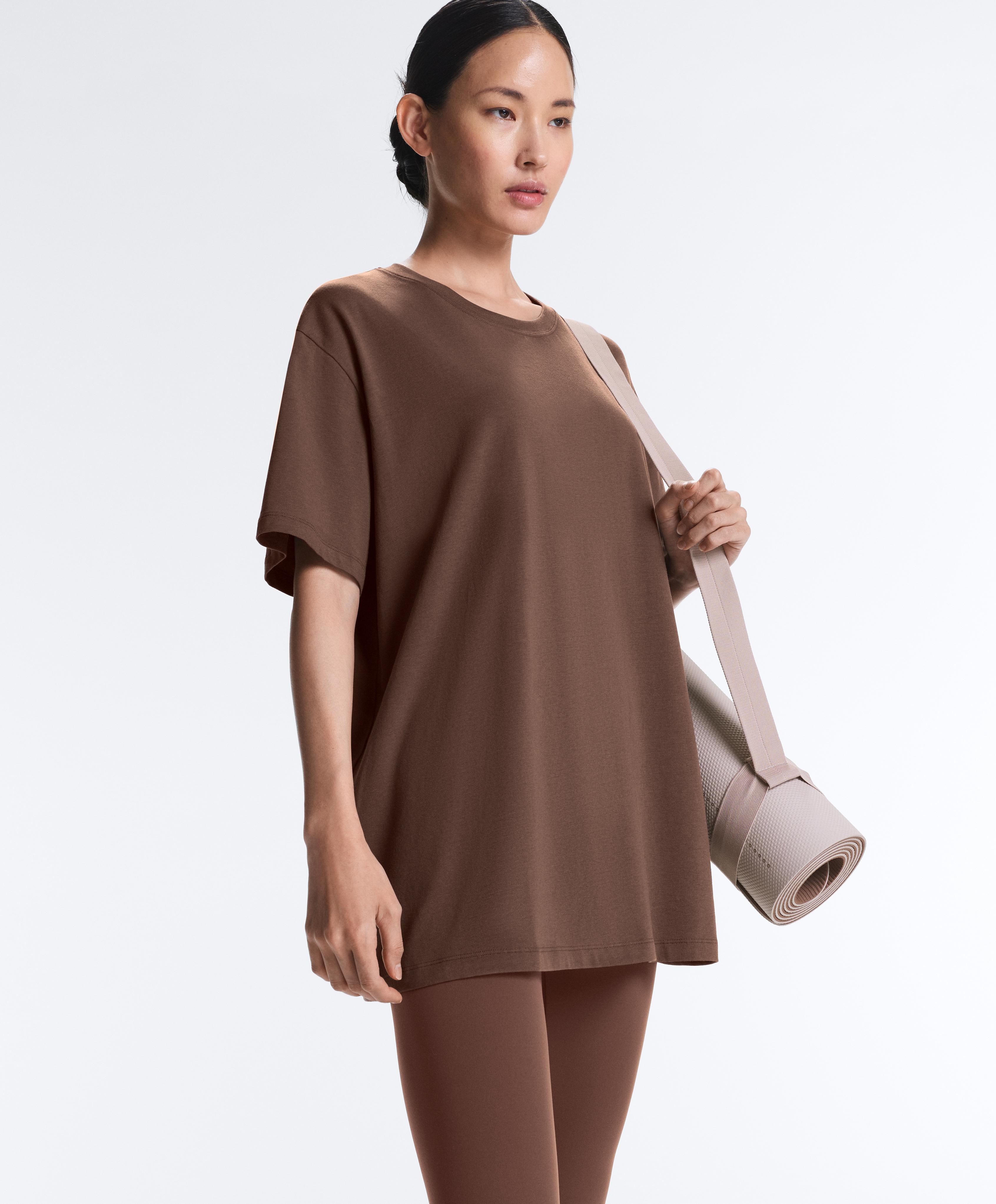 Oversize cotton blend short-sleeved T-shirt — MID-BROWN
