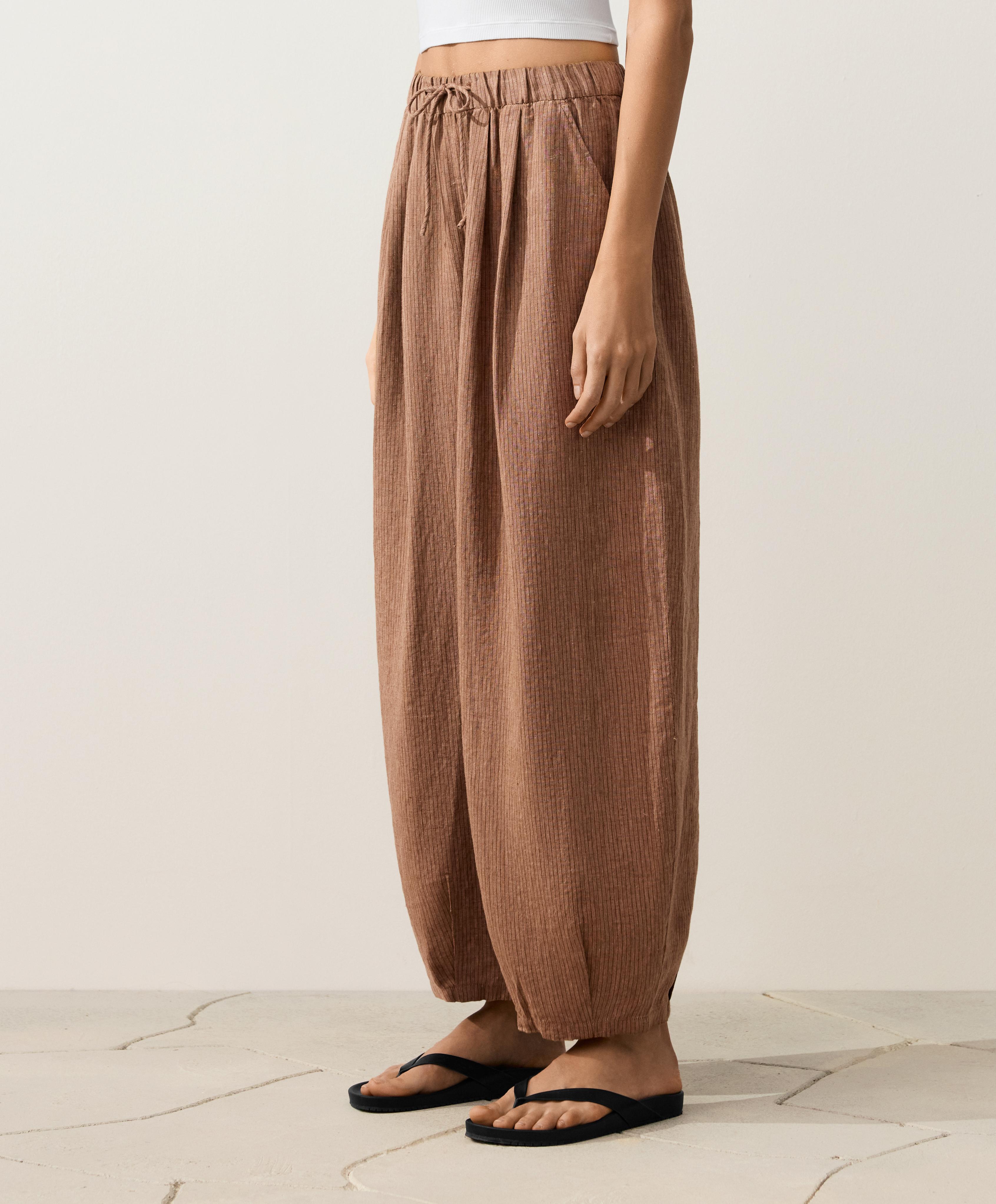 100% linen striped balloon trousers — TAN MELANGE