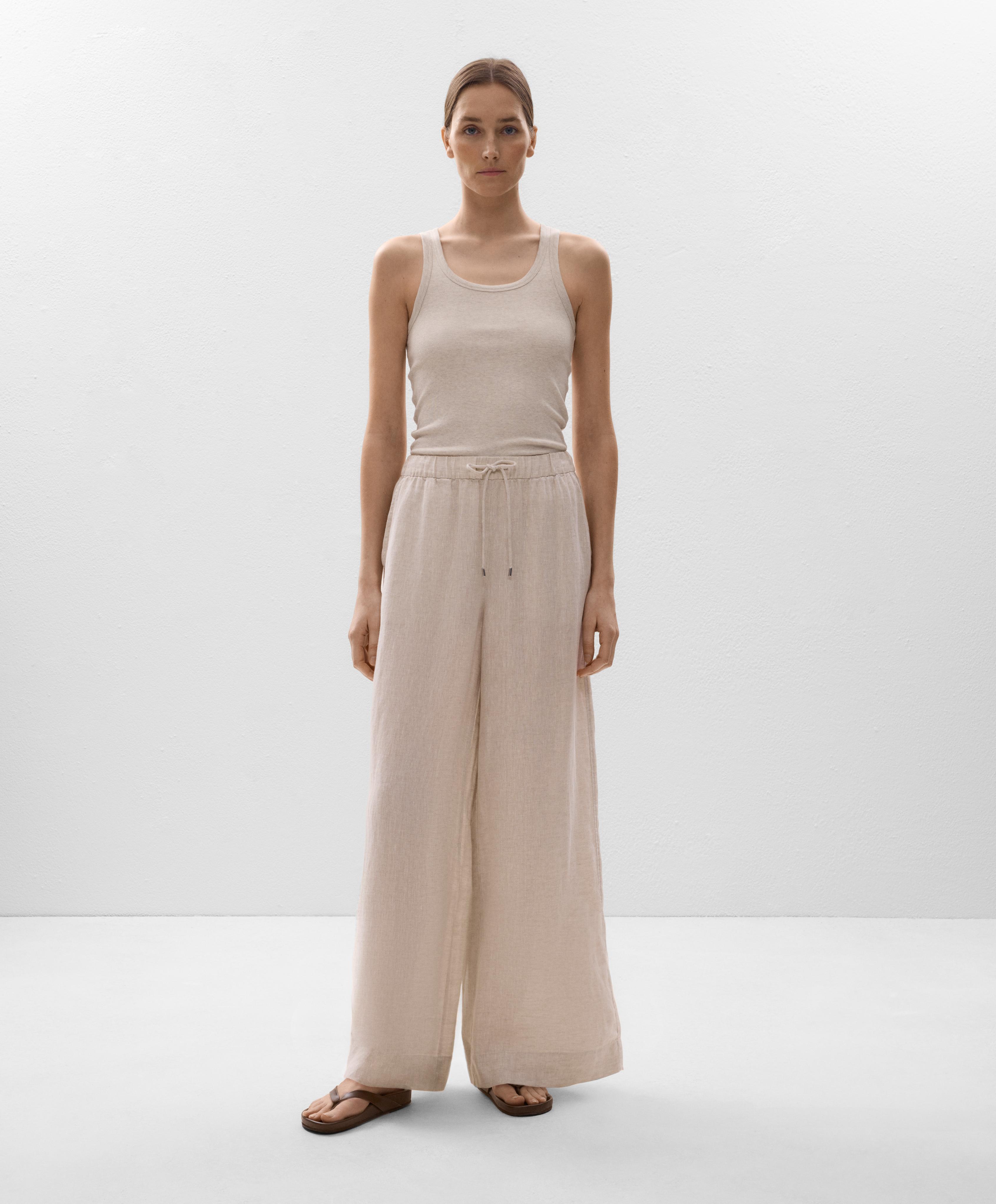 100% linen wide straight-leg trousers