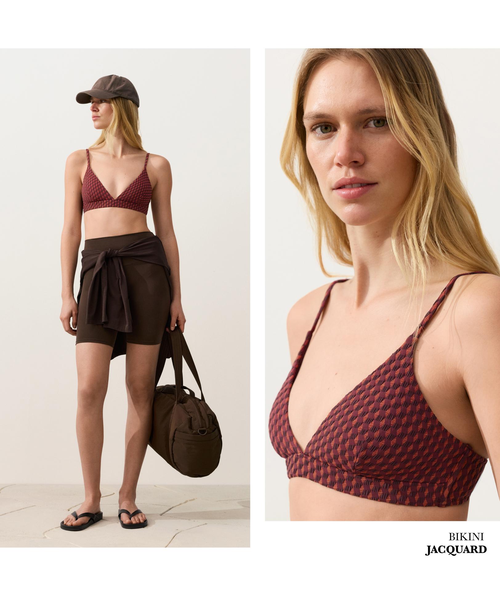 Geometric jacquard triangle bikini top — CHERRY