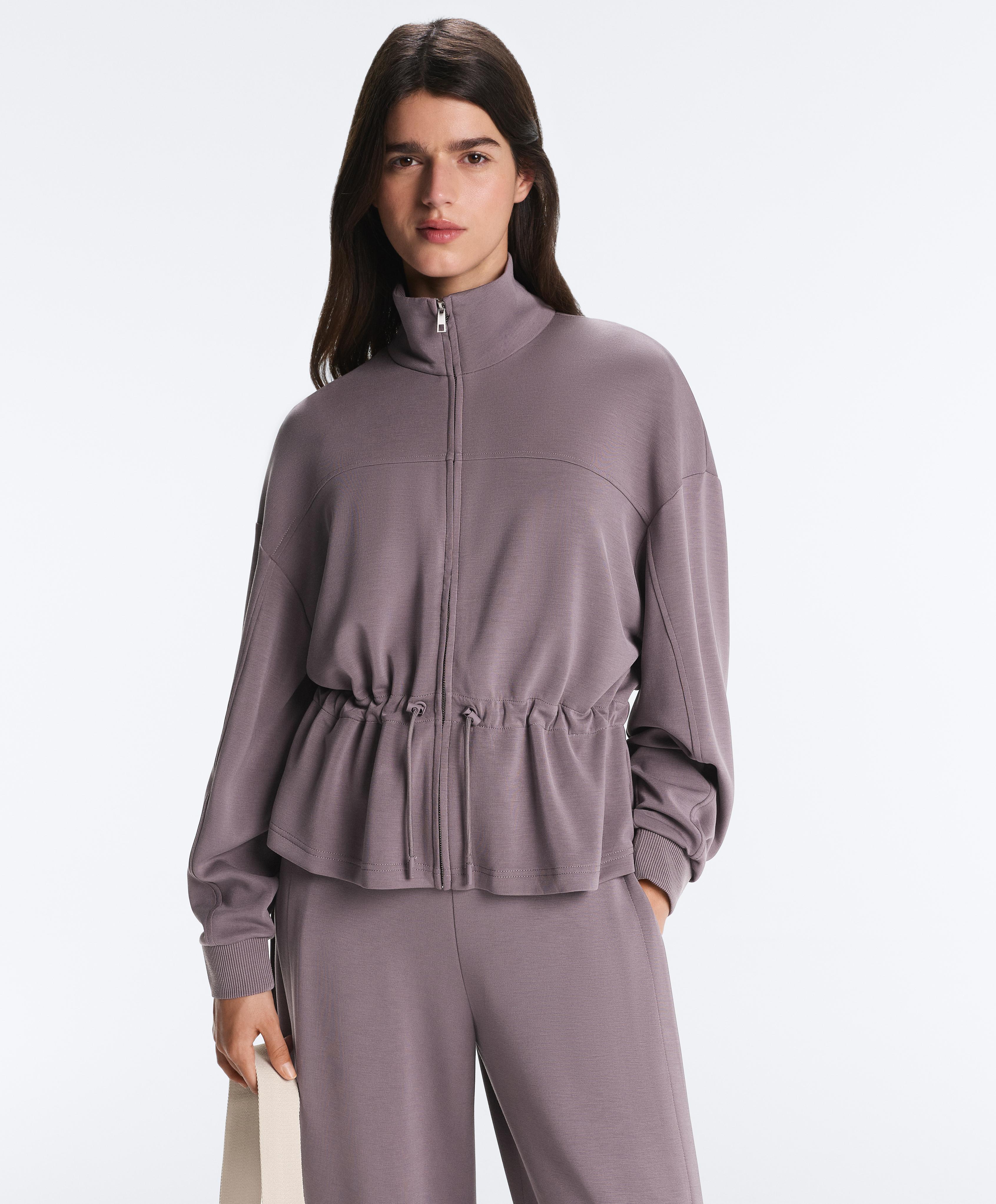 Soft-touch modal jacket with adjustable waist and high collar — GREY-LILAC