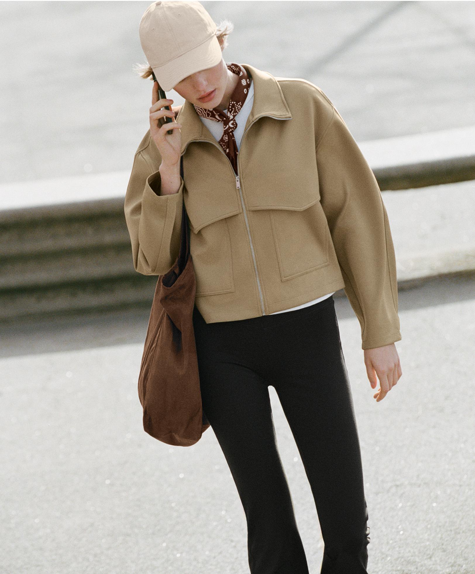 Boxy neoprene-effect jacket — GREEN BEIGE
