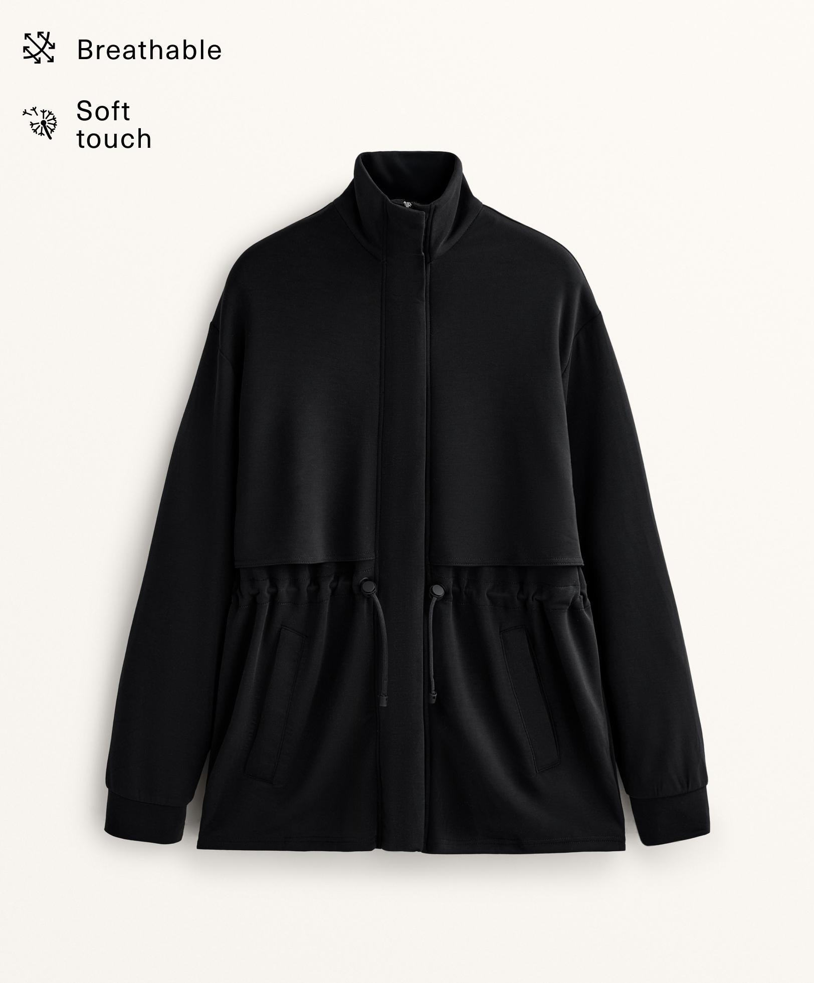 Long soft-touch jacket with modal and pockets — BLACK
