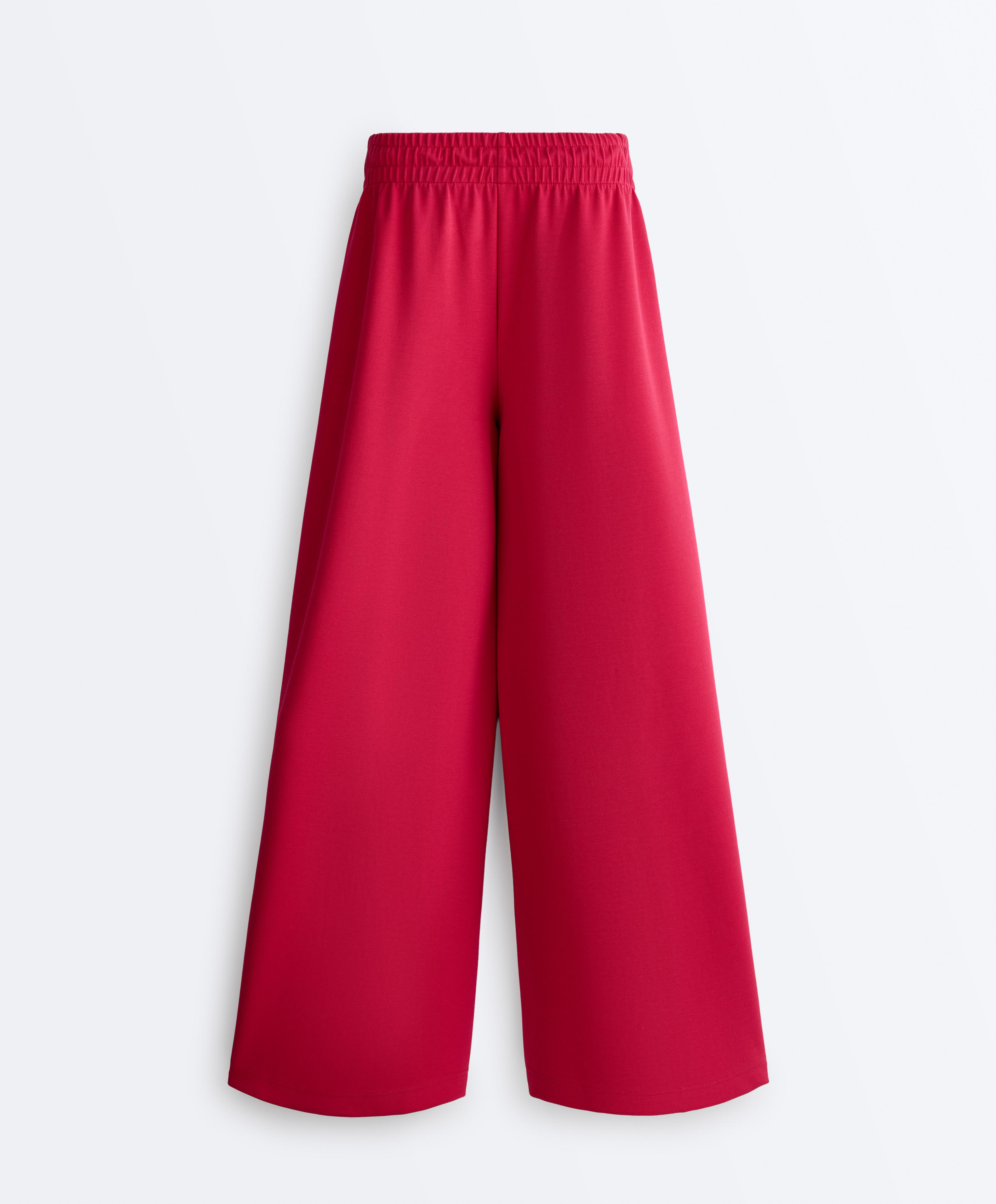 Wide-leg piqué pleat trousers with cotton — RED