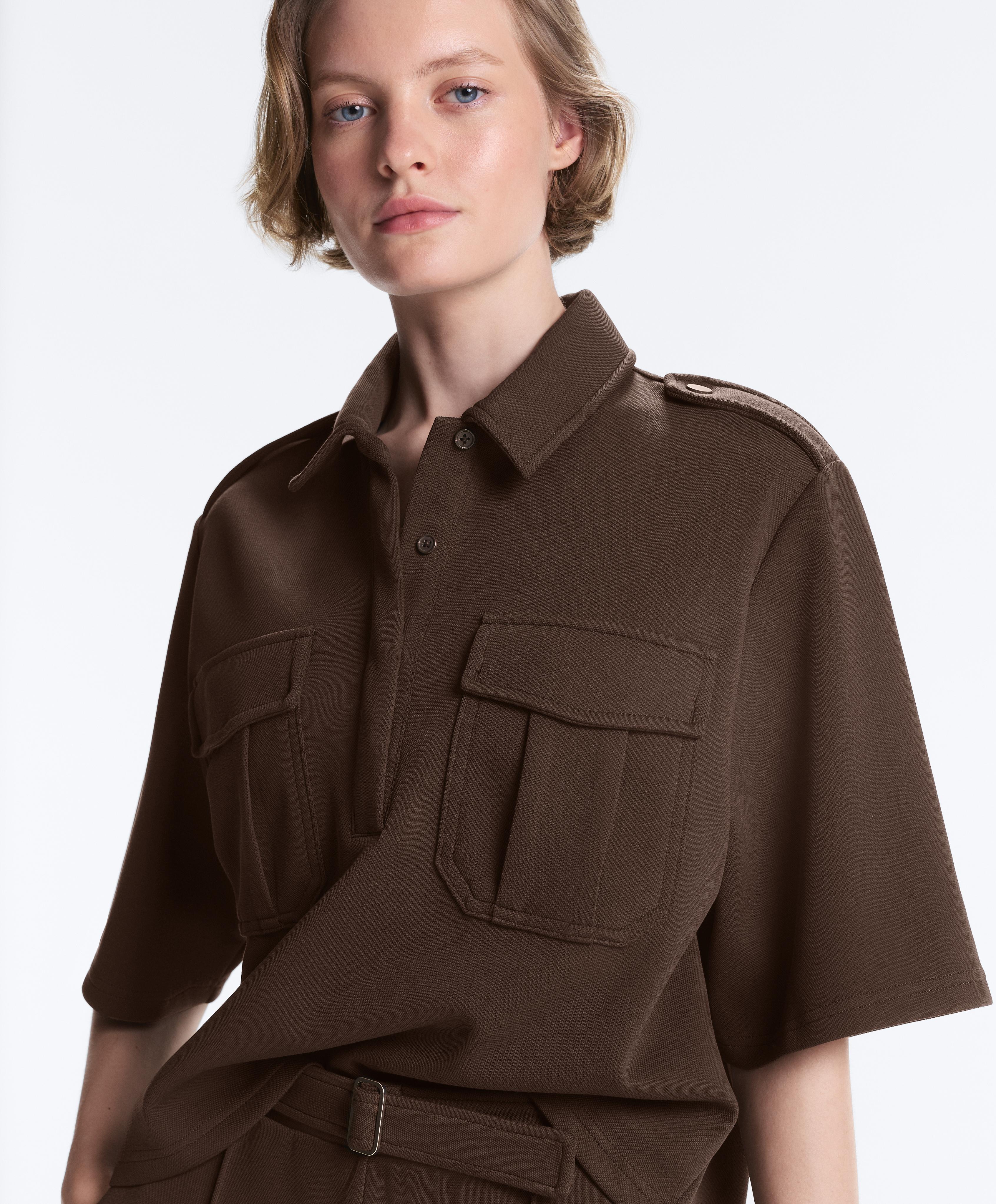Utility short-sleeve sweatshirt with cotton piqué — DARK BROWN