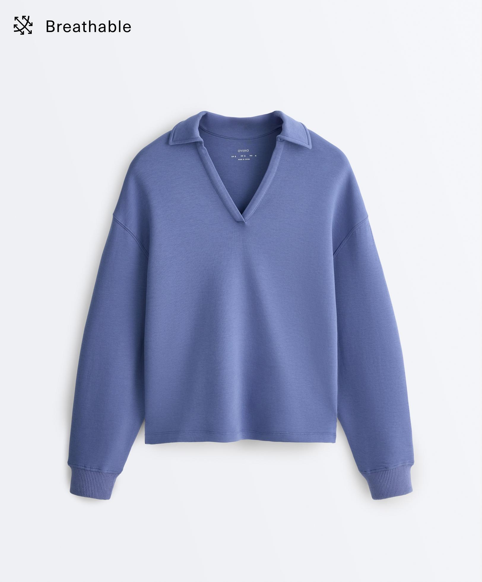 Cotton blend V-neck polo — BRIGHT GREY-BLUE