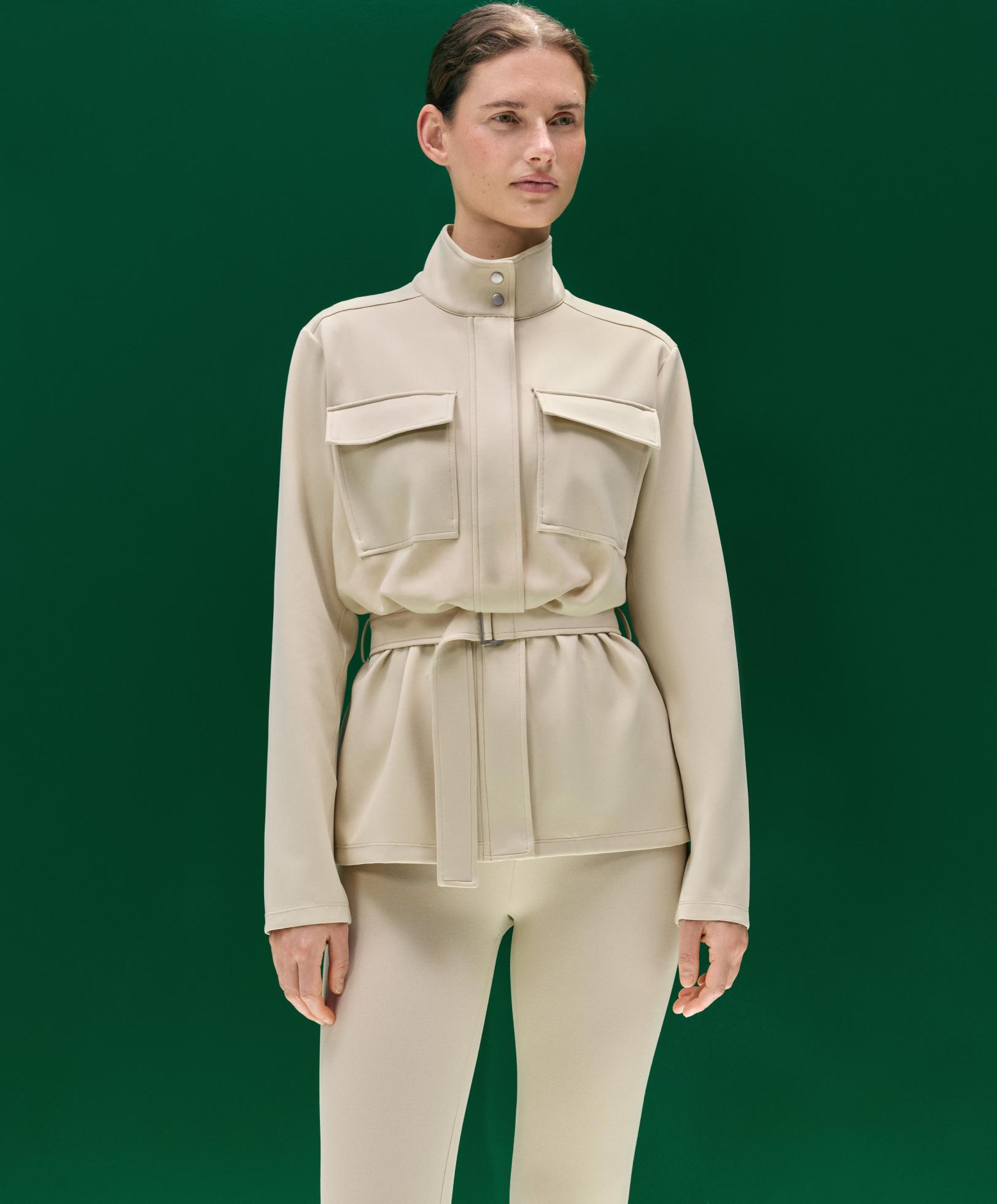 Neoprene-effect jacket with belt — PALE BEIGE MELANGE