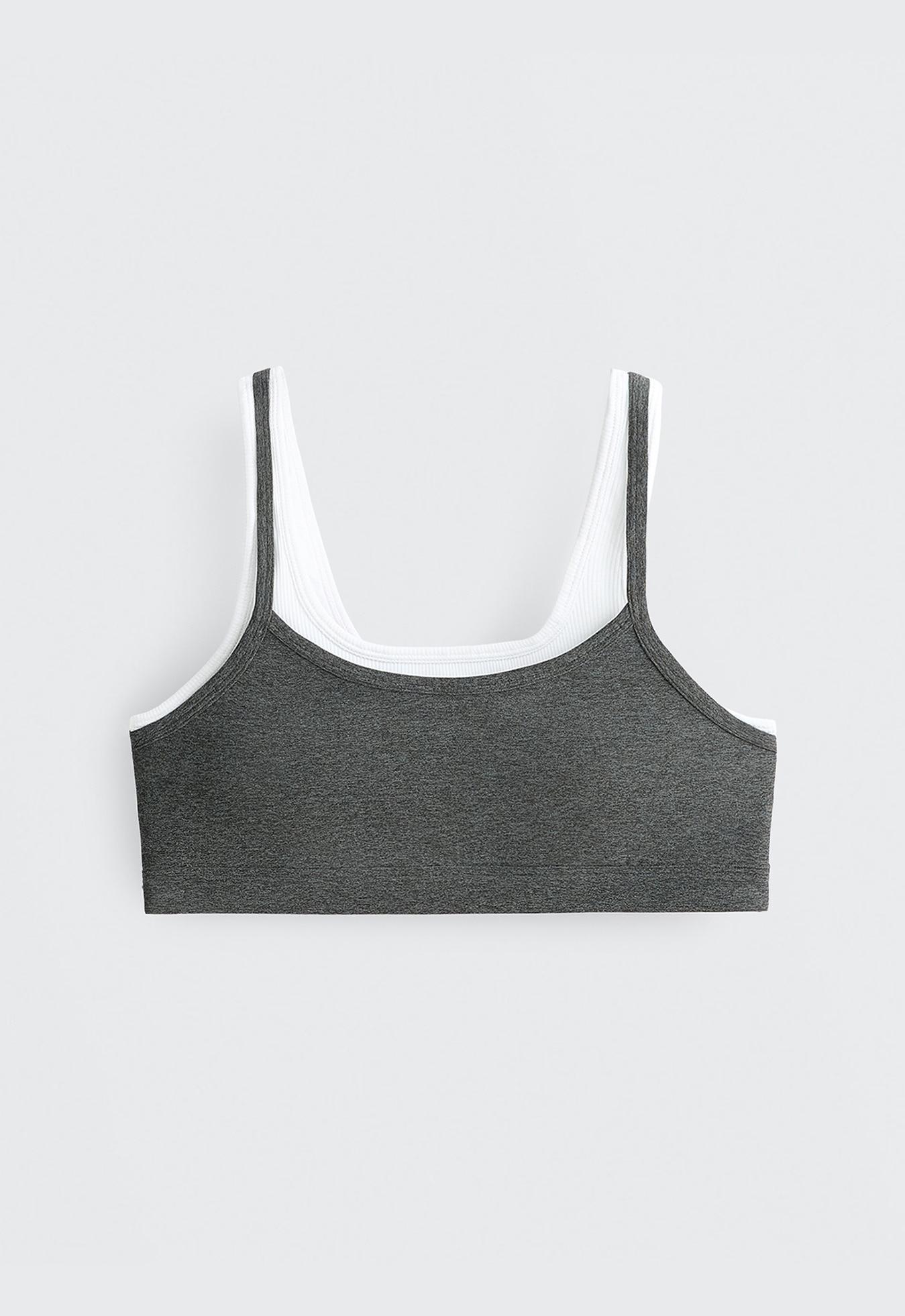 Medium-support ribbed heather sports bra with overlay — DARK GREY MELANGE