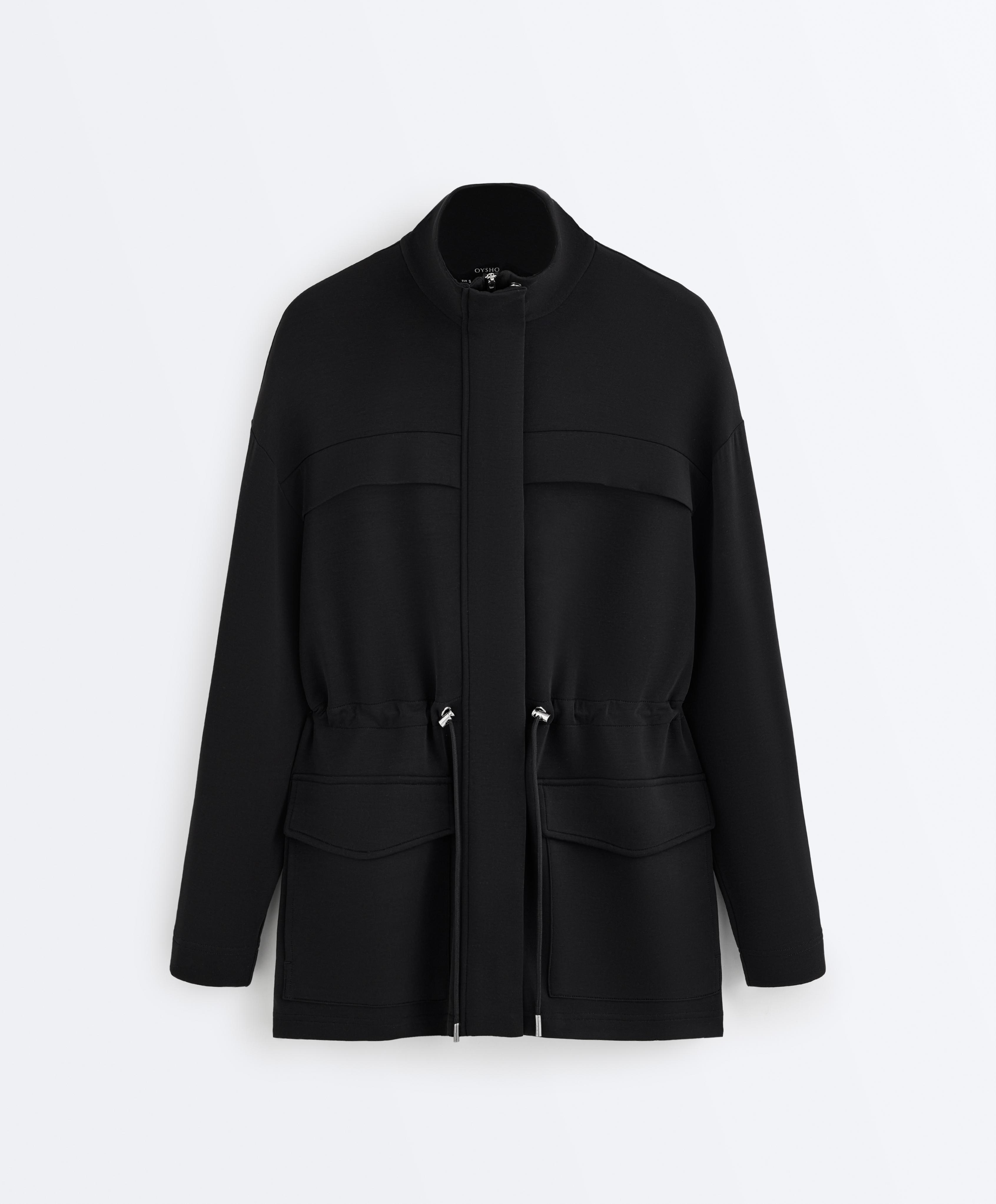 Long soft-touch modal jacket with pockets — BLACK