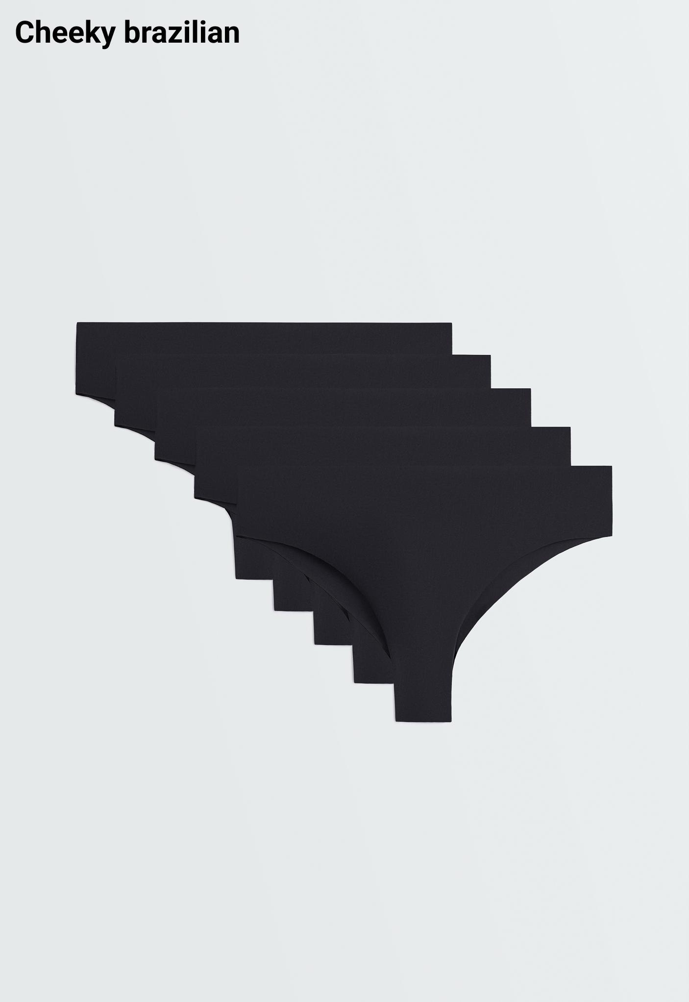 Front view of five stacked black Brazilian cheeky panties. Text: “Cheeky Brazilian.”