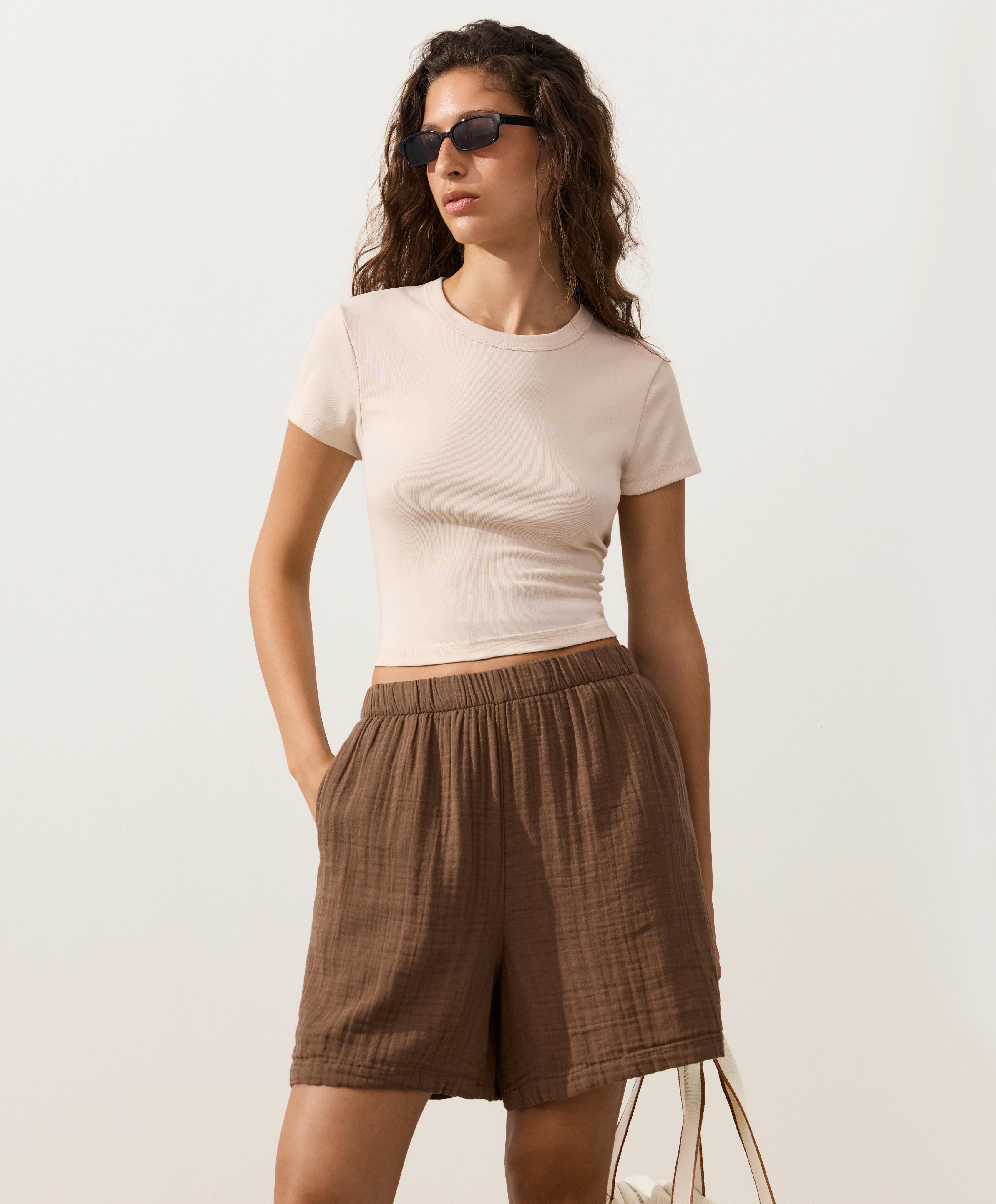 100% cotton gauze bermuda shorts — TAN