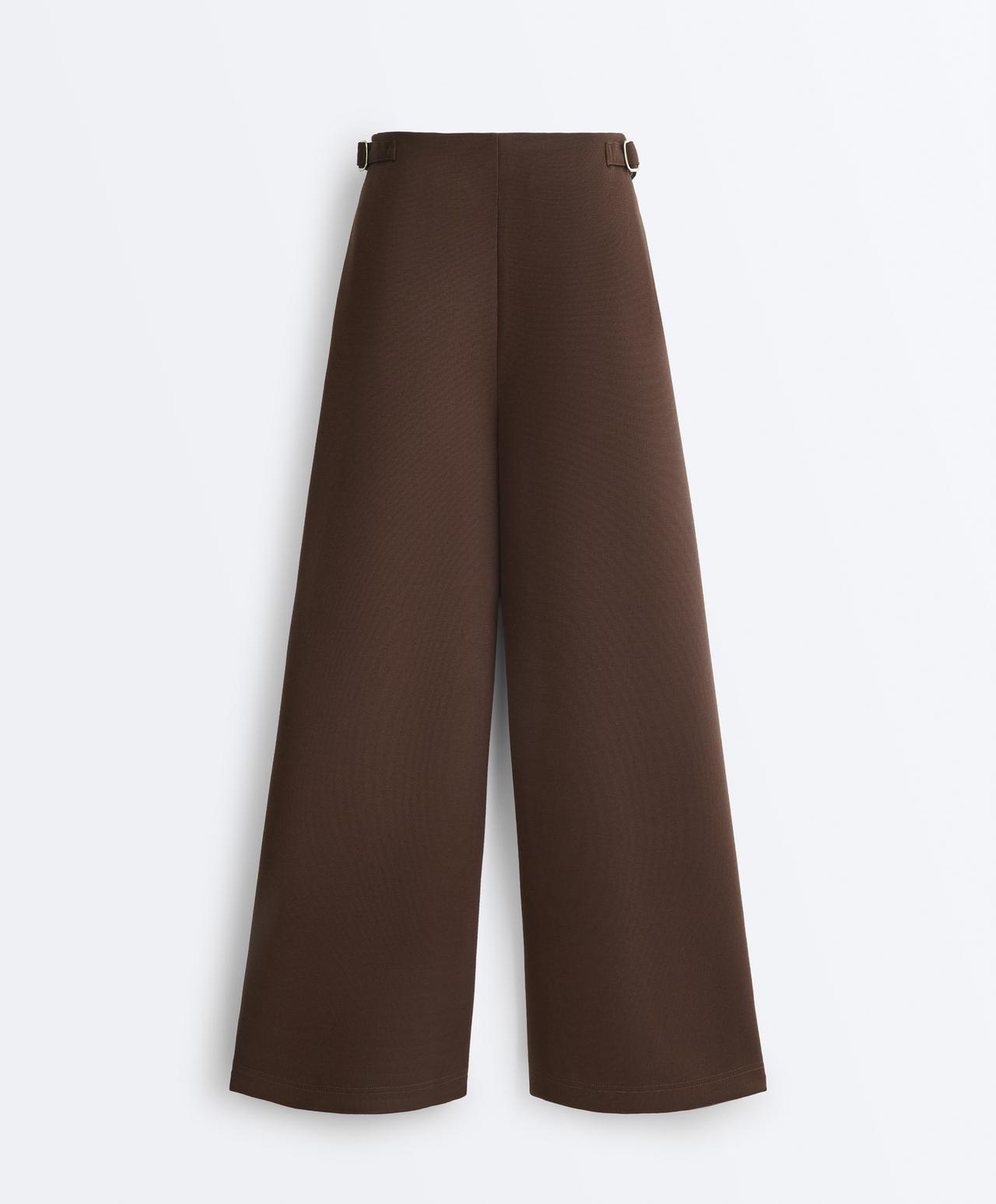 Wide-leg high rise pique trousers with buckles — DARK BROWN