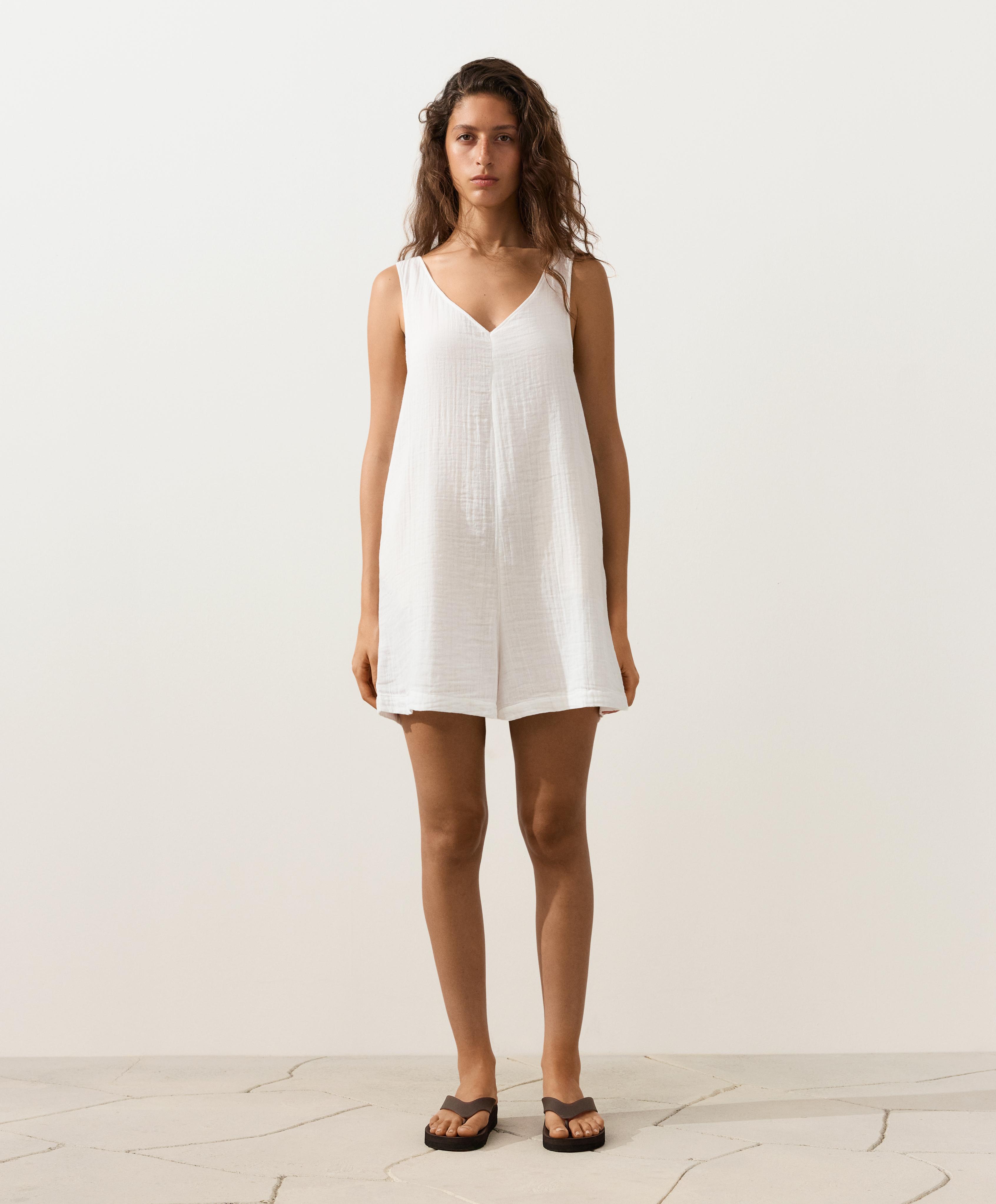 100% cotton gauze short jumpsuit — WHITE 