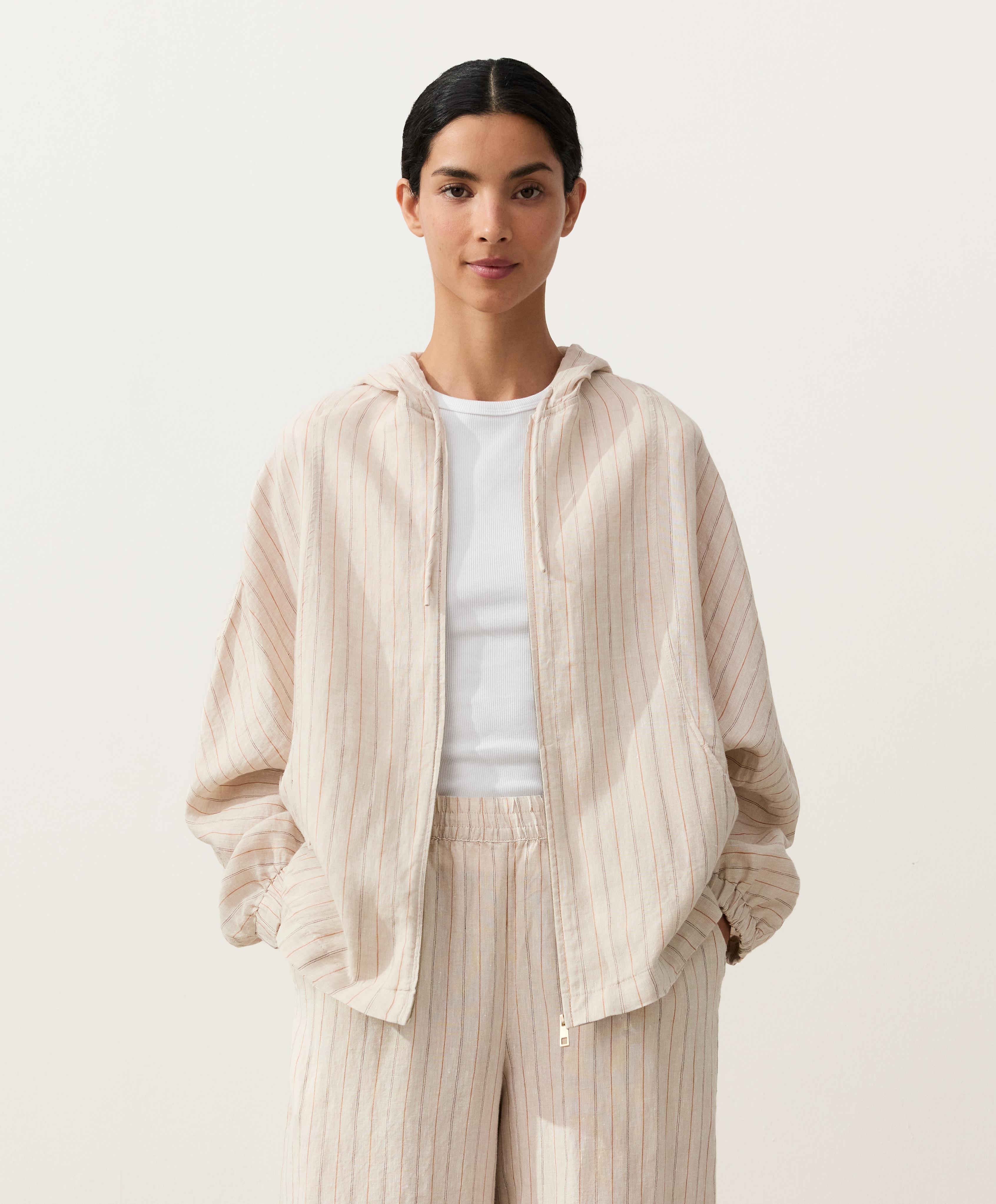 Kapüşonlu çizgili %100 keten ceket