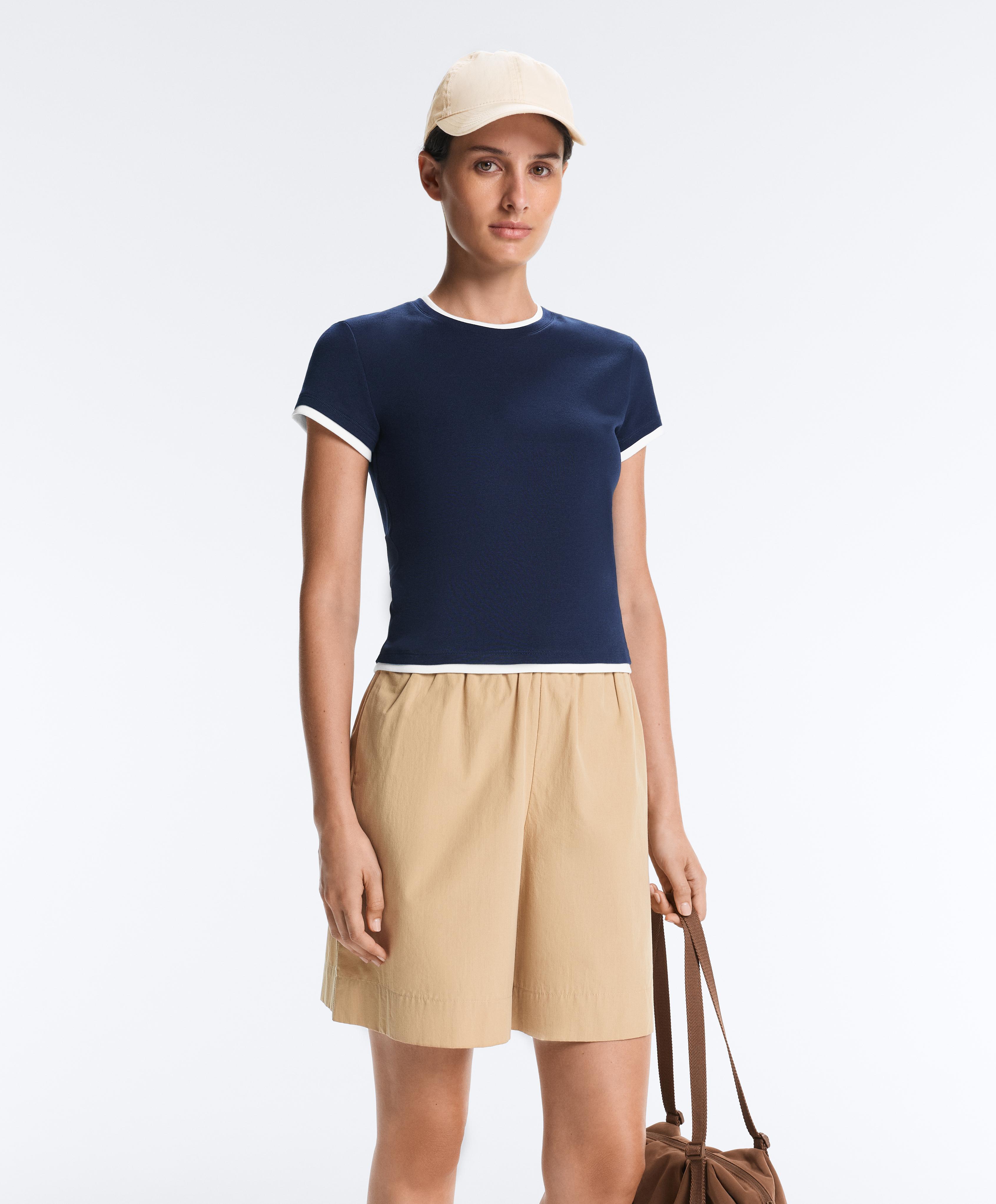 Cotton blend double rib effect short sleeve T-shirt — NAVY BLUE