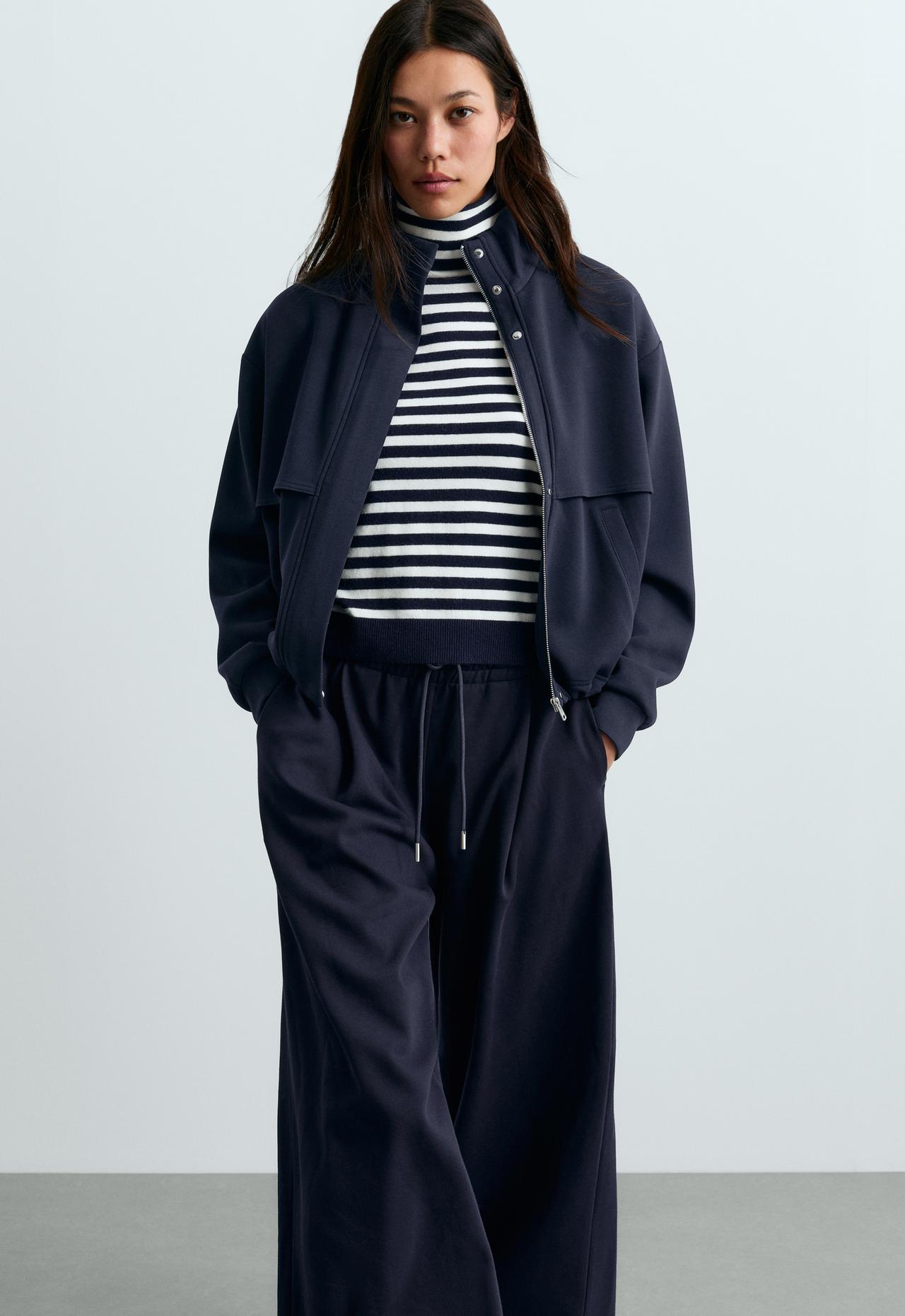 High-neck piqué jacket with cotton — INK BLUE