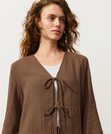 100% cotton gauze long-sleeved tie-front shirt — TAN 3