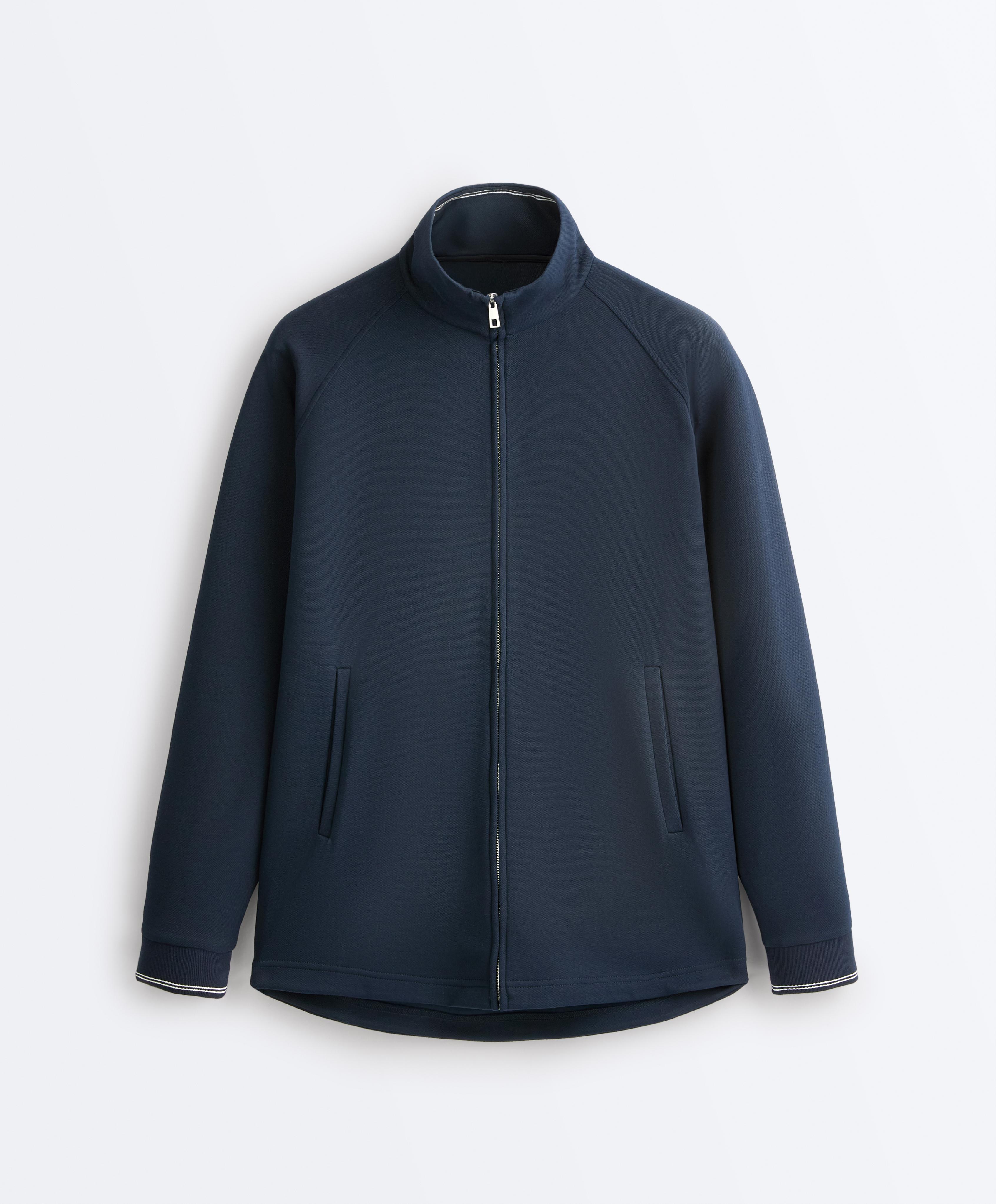 Long piqué jacket with contrast cotton piping — NAVY BLUE