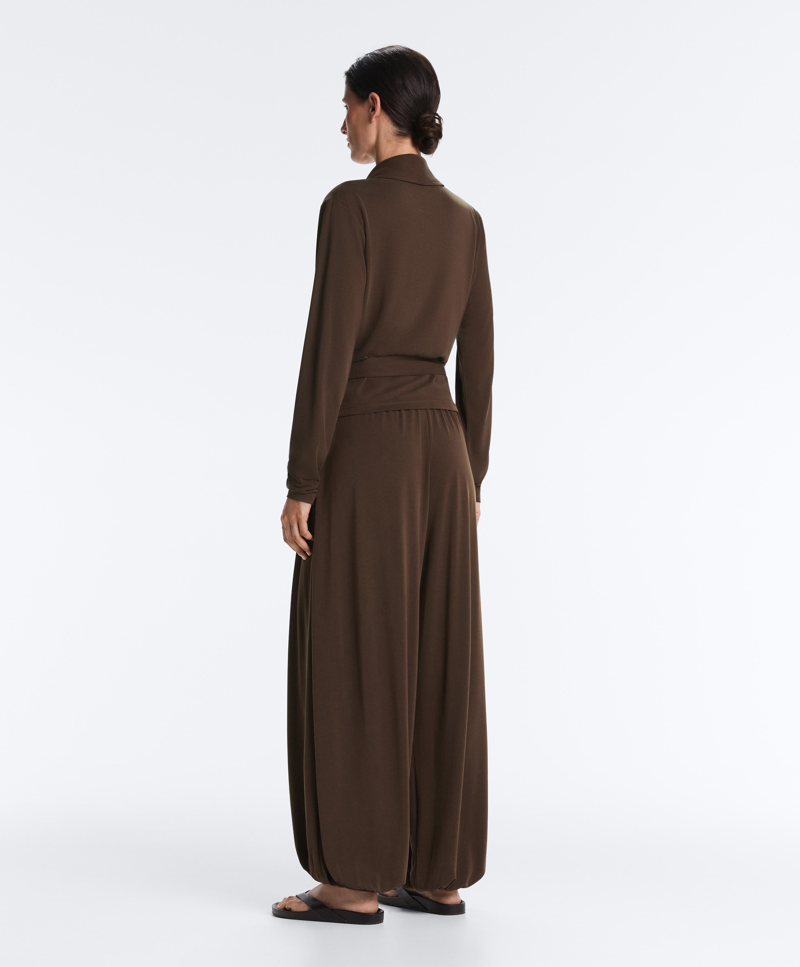 Modal blend long sleeve crossover T-shirt — DARK BROWN