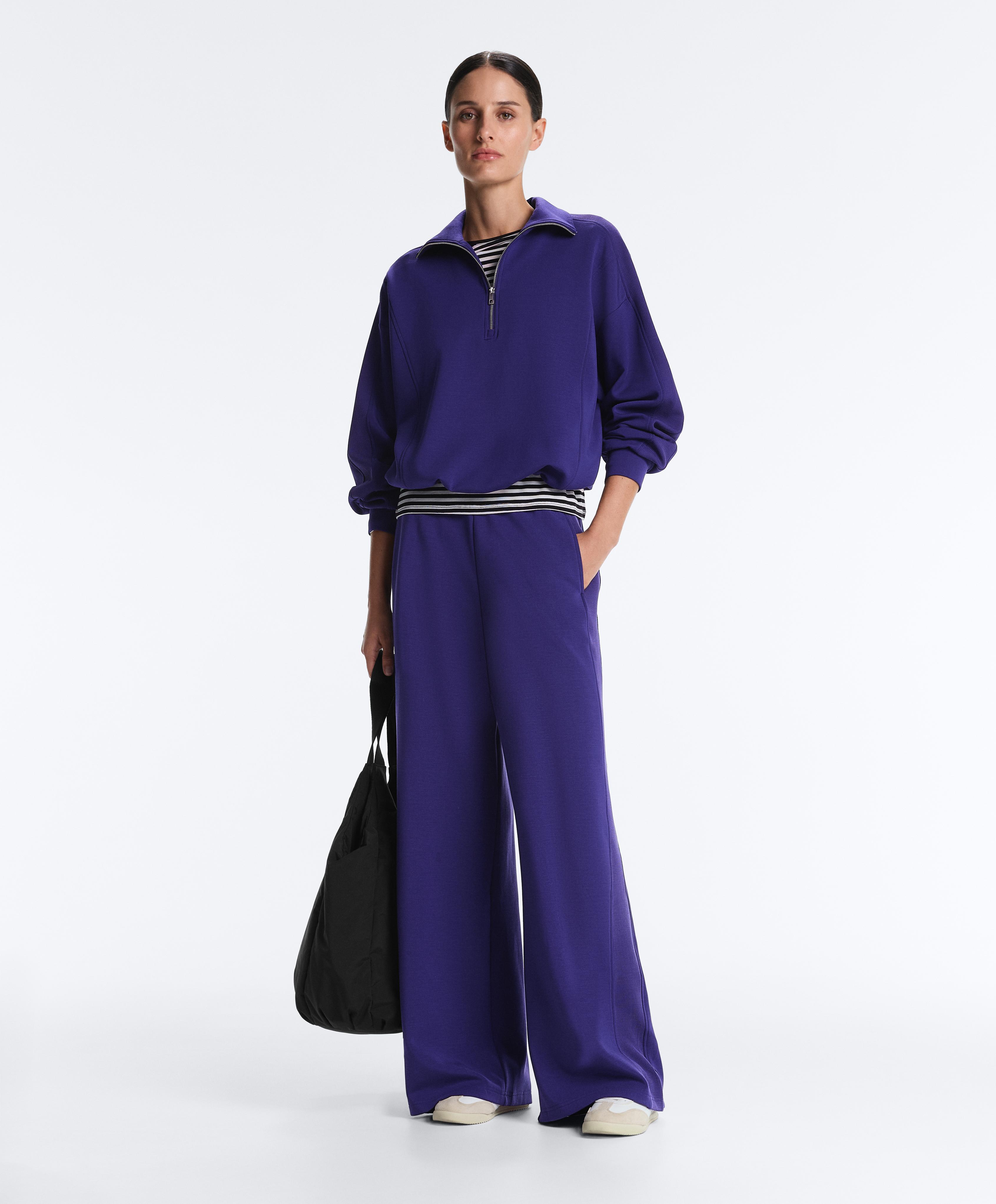 Wide-leg rib straight trousers with brushed modal — COBALT