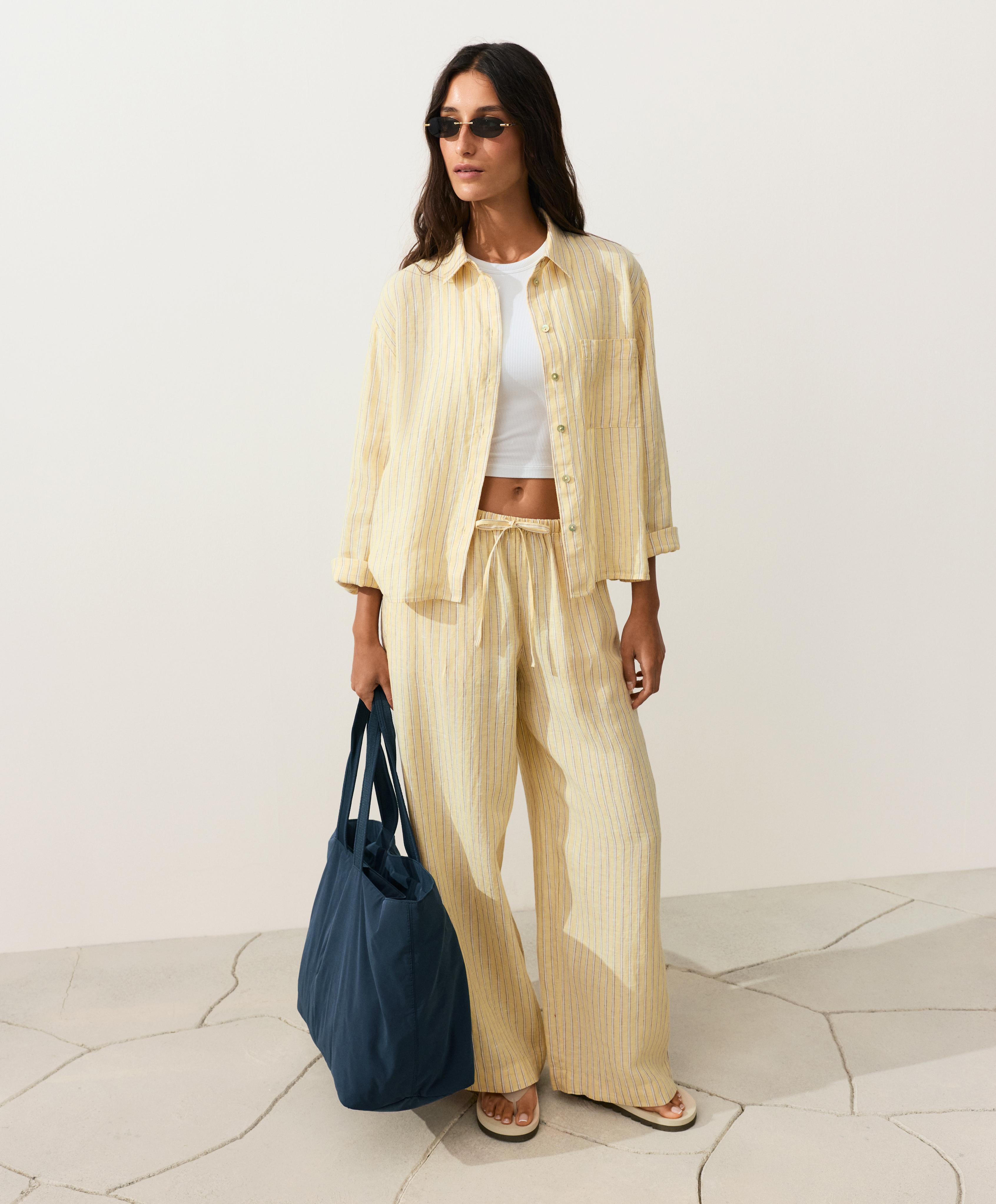 100% linen straight-leg print stripe trousers — SOFT YELLOW