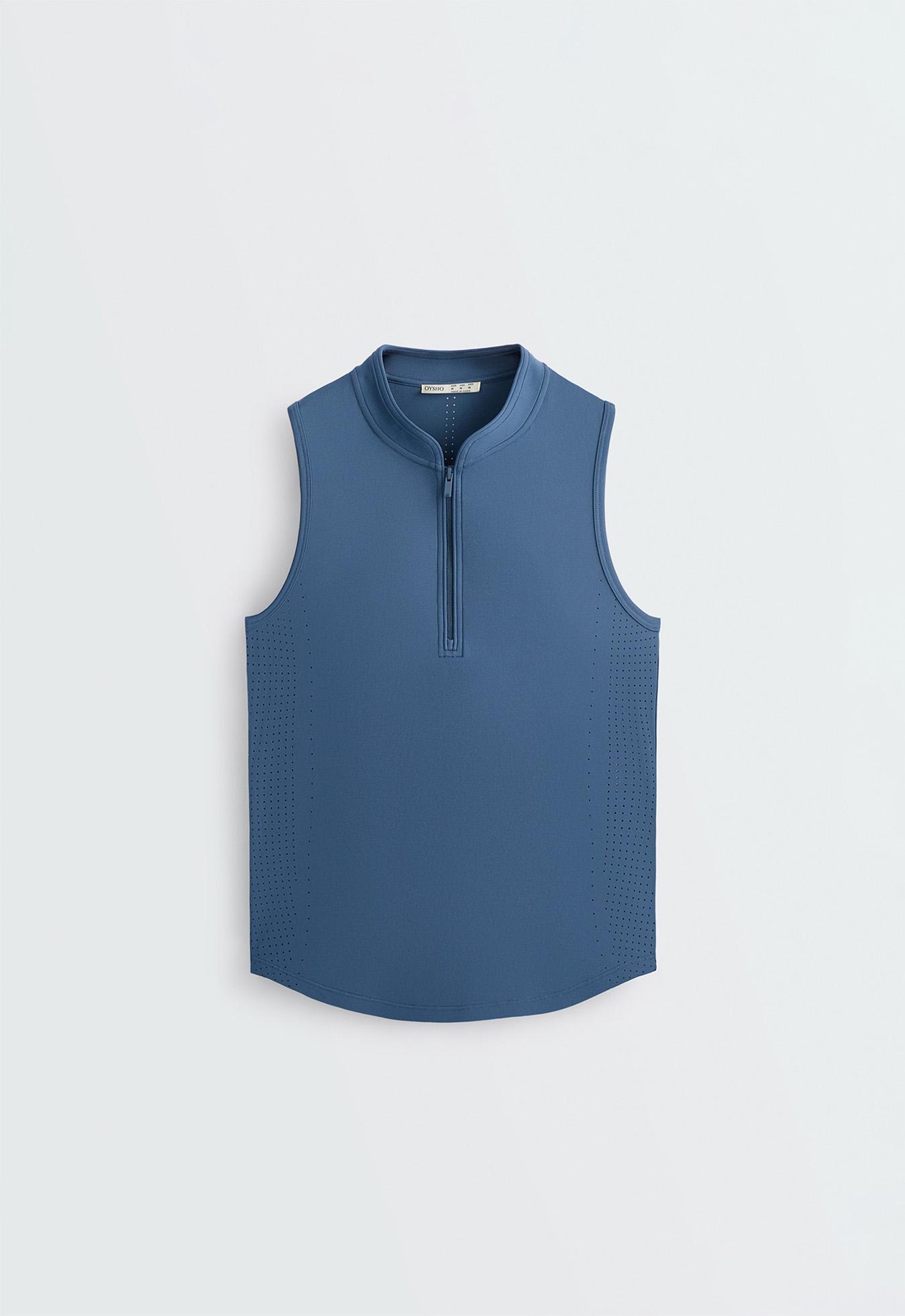Technical sleeveless T-shirt with half zip — MID GREY-BLUE