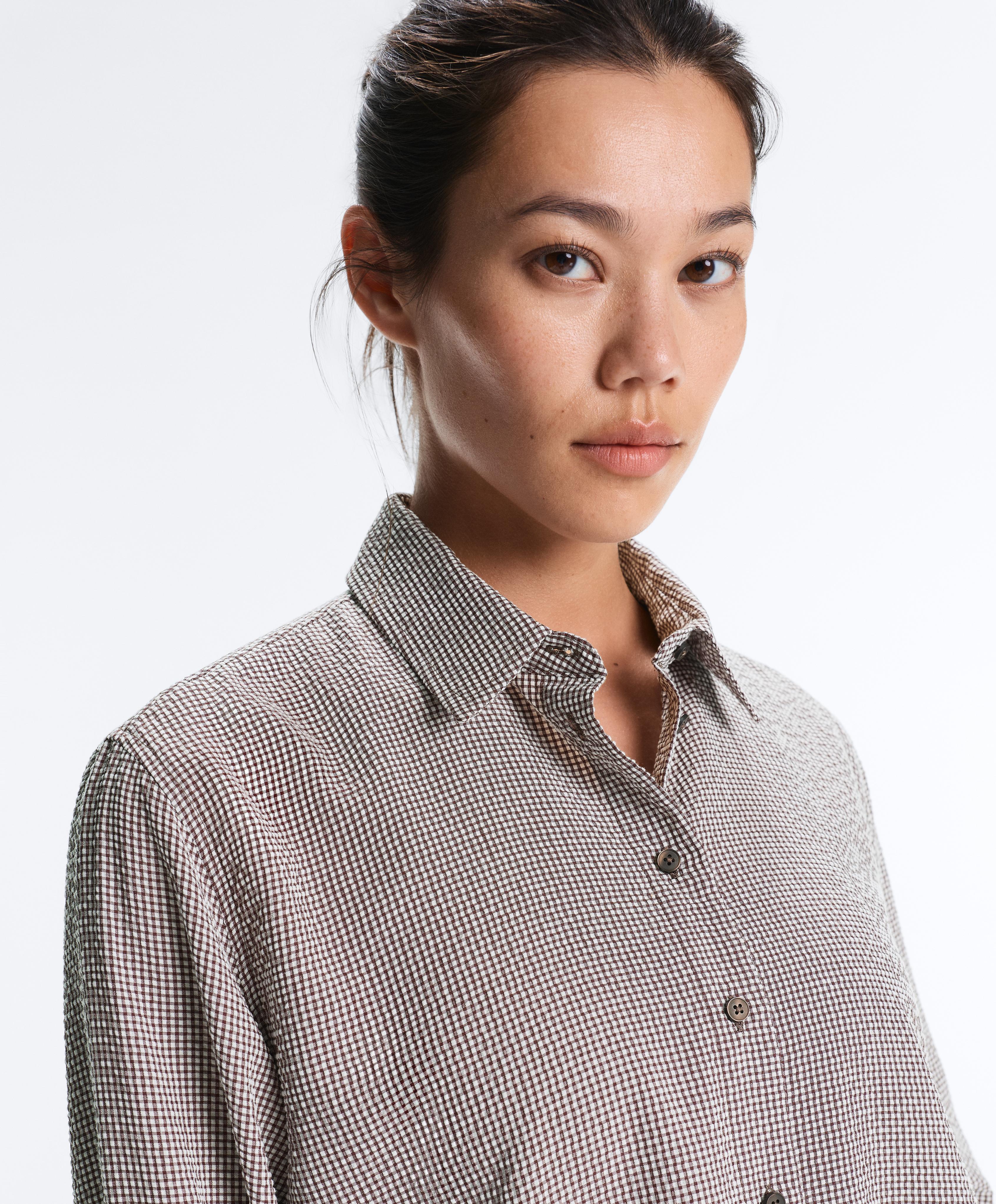 Short gingham lyocell blend shirt — DARK REDDISH‑BROWN