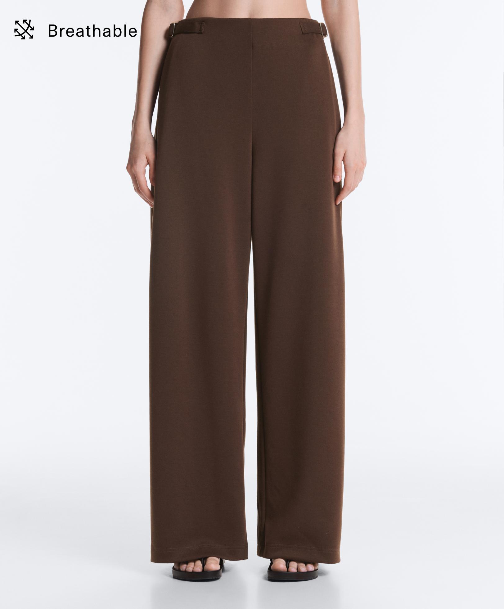 Wide-leg high rise pique trousers with buckles — DARK BROWN