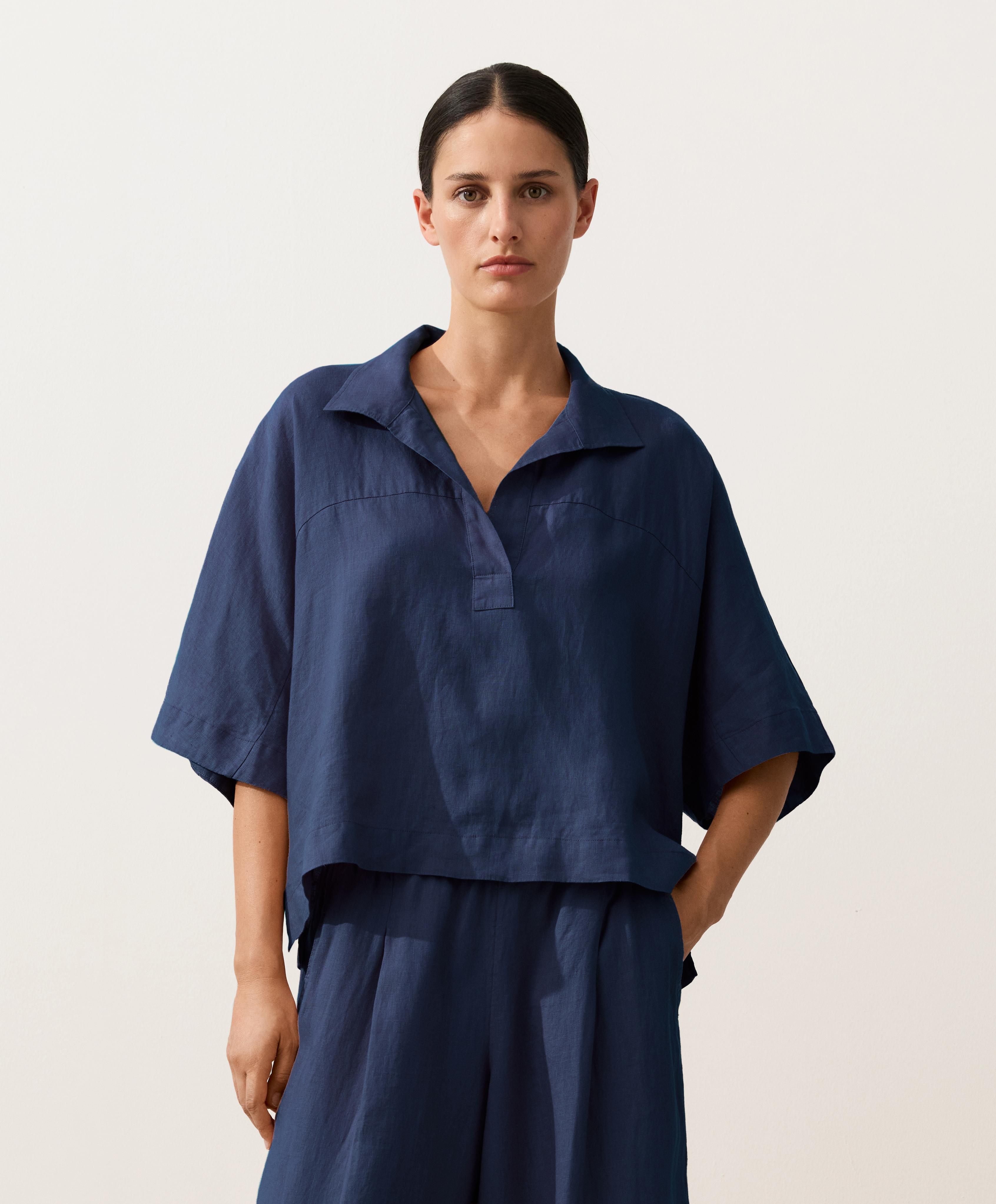 Oversize 100% linen polo shirt — NAVY