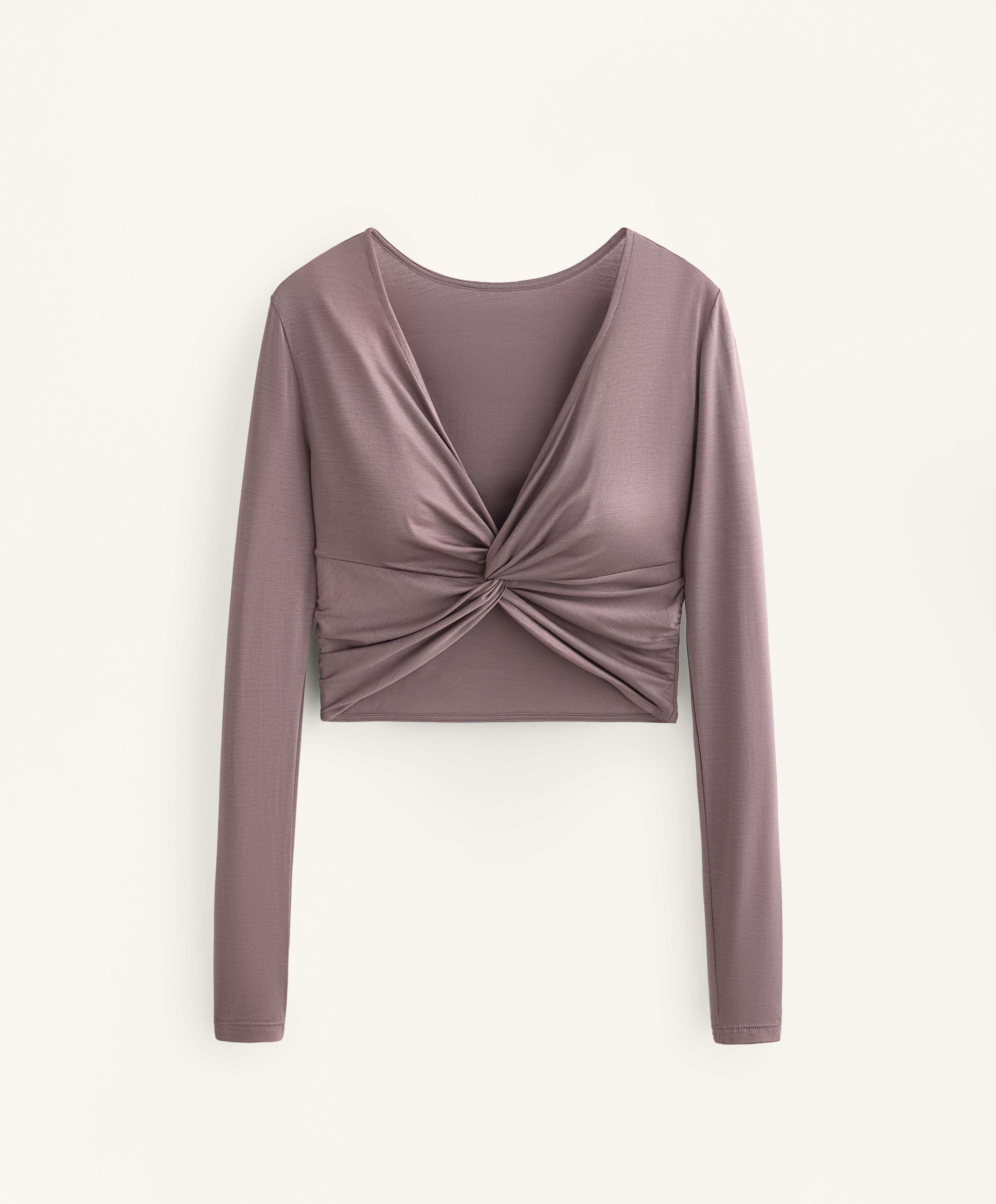 Multi-position long sleeve knotted lyocell blend T-shirt — GREY-LILAC